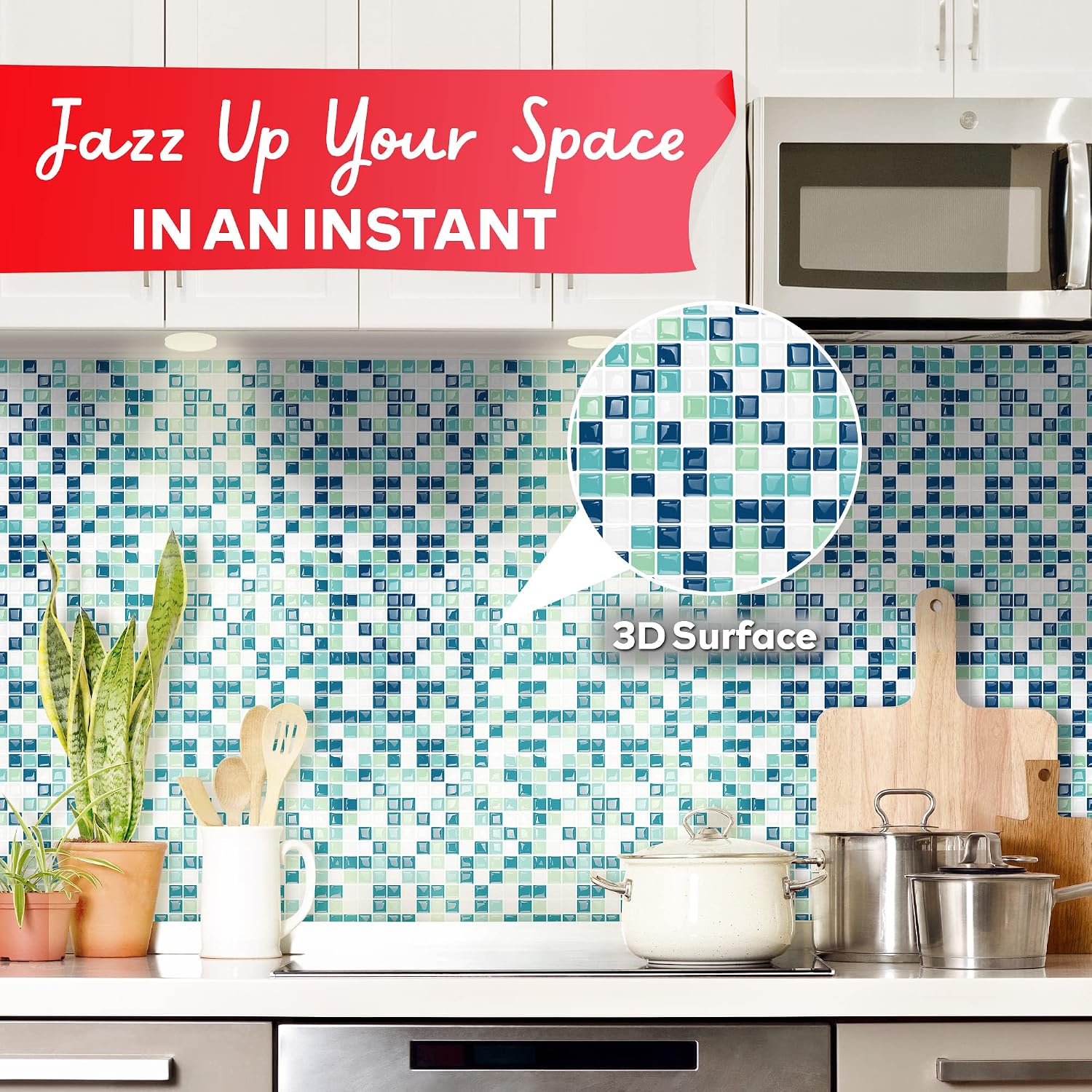 XFasten Square Peel and Stick Backsplash for Kitchen 10pcs 12” x 12” w/Cutter Teal Blue Square Mosaic Backsplash Tile Peel and Stick on Adhesive Tile for Kitchen and Bathroom