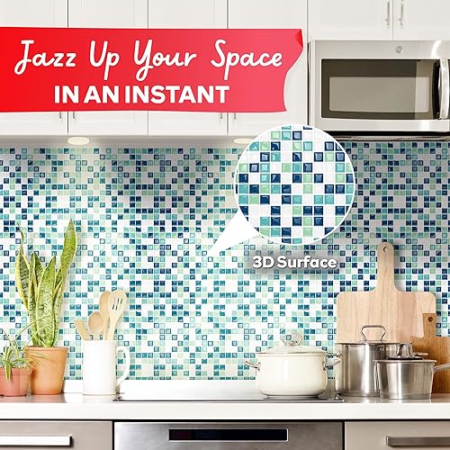 Miniatura 8 de XFasten 10 azulejos cuadrados para despegar y pegar para cocina, 10 unidades de 12 x 12 pulgadas con cortador, azulejo de mosaico cuadrado azul