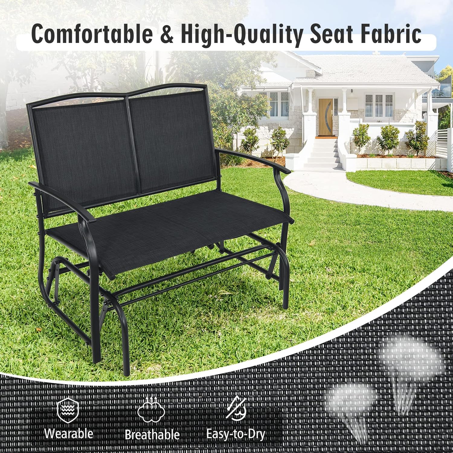 Byroce 2-Person Patio Outdoor Glider Bench, Double Swing Loveseat Rocker with Heavy Duty Metal Frame, 400 LBS, Rocking Chair for Backyard, Balcony, Garden, Poolside, Deck, Front Porch (Black)