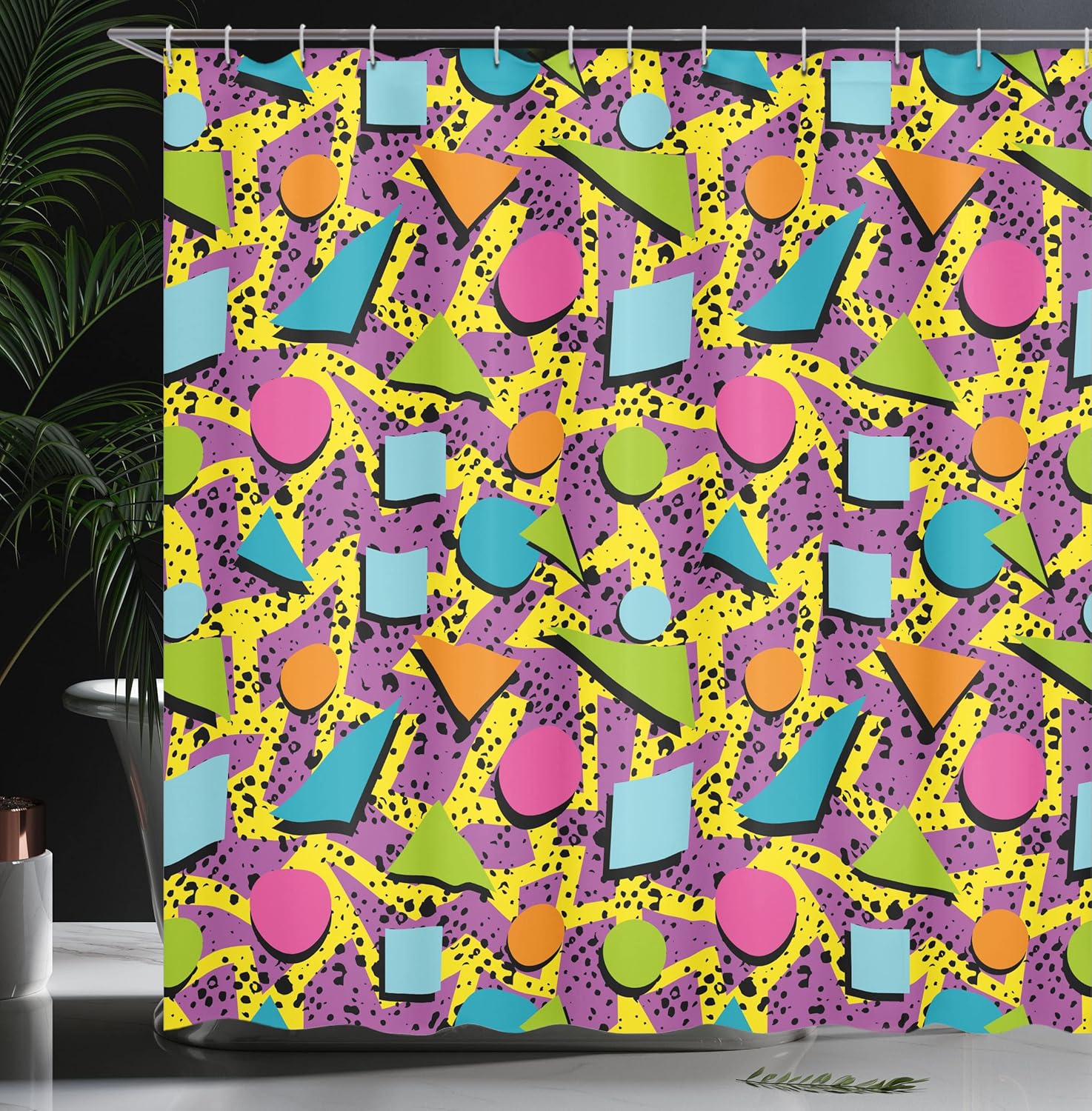 Ambesonne Vintage Shower Curtain, Funky Geometric 80s Memphis Fashion Style Colorful Pop Art Inspired Pattern, Cloth Fabric Bathroom Decor Set with Hooks, 69" W x 70" L, Multicolor