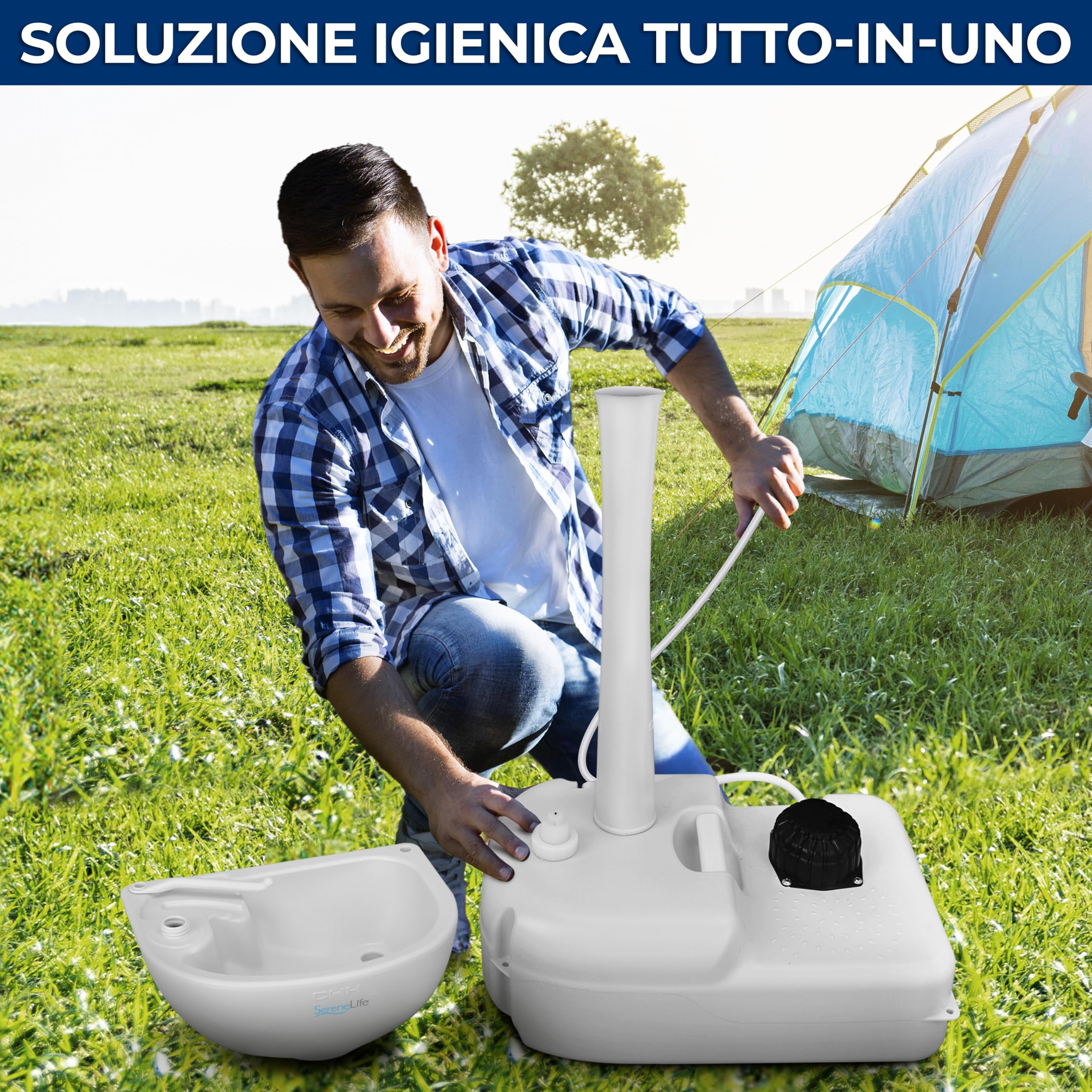 SereneLife Lavandino da Esterno, Lavandino Portatile da Campeggio con Rubinetto, Serbatoio Acqua, Dispenser di Sapone e Porta Asciugamani