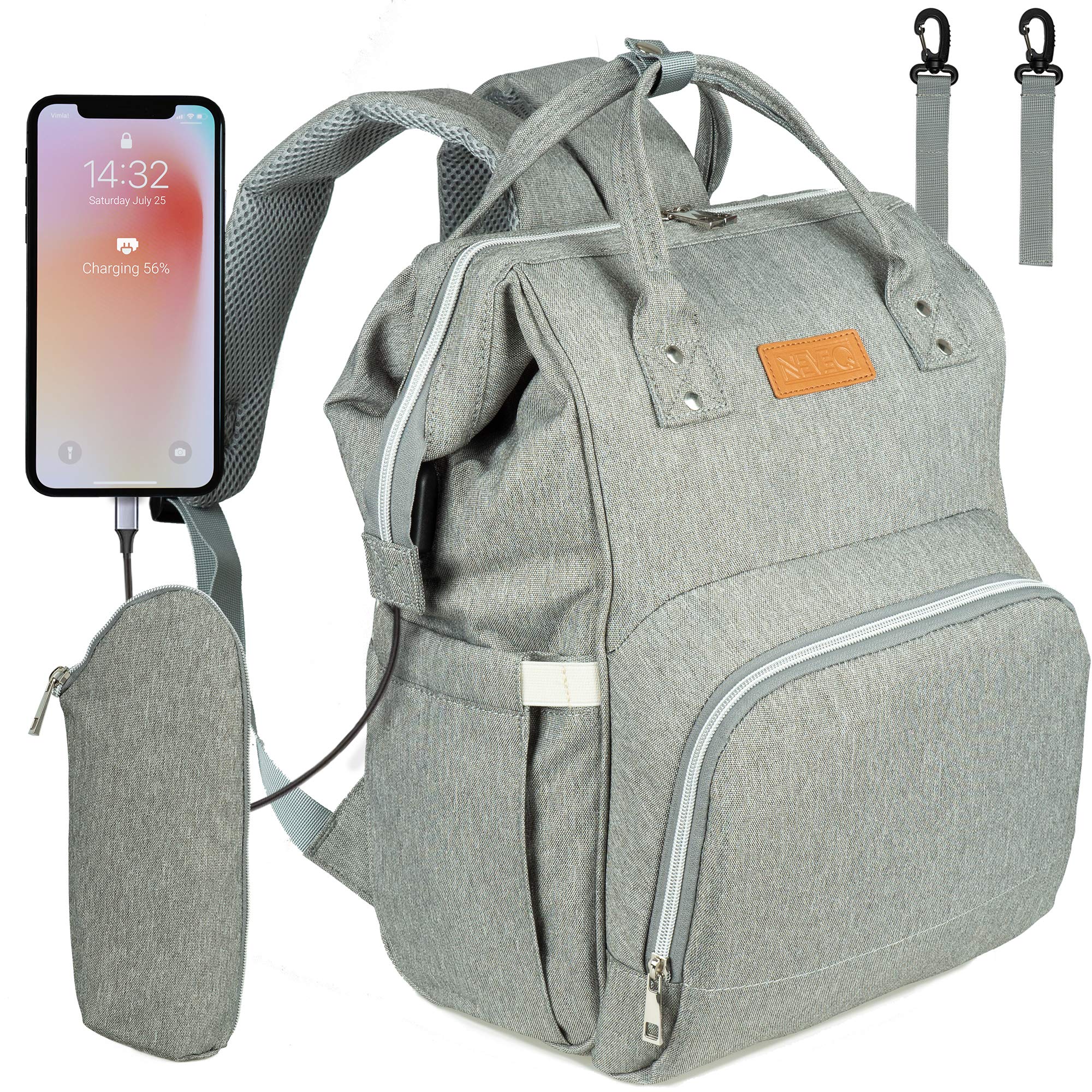 Mochilas de Pañales para Bebé, Maternal Bolso Multifuncional con USB de Viaje, Gran Capacidad, Impermeable (Gris)