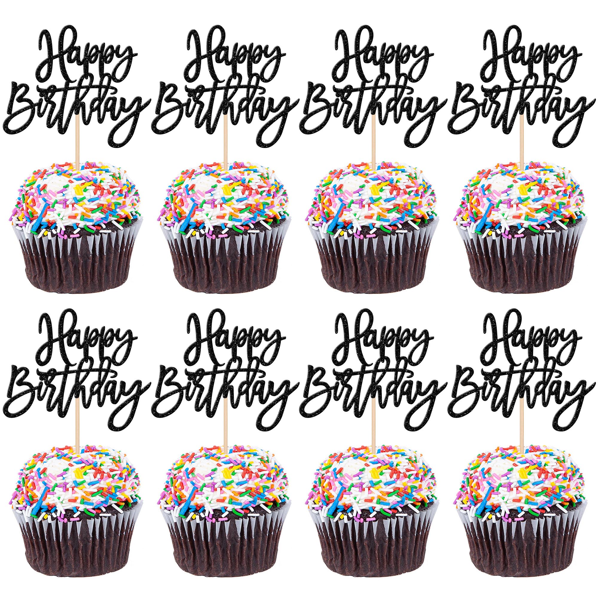 24 pcs glitter cupcake toppers - happy birthday & anniversary cake decorations - black