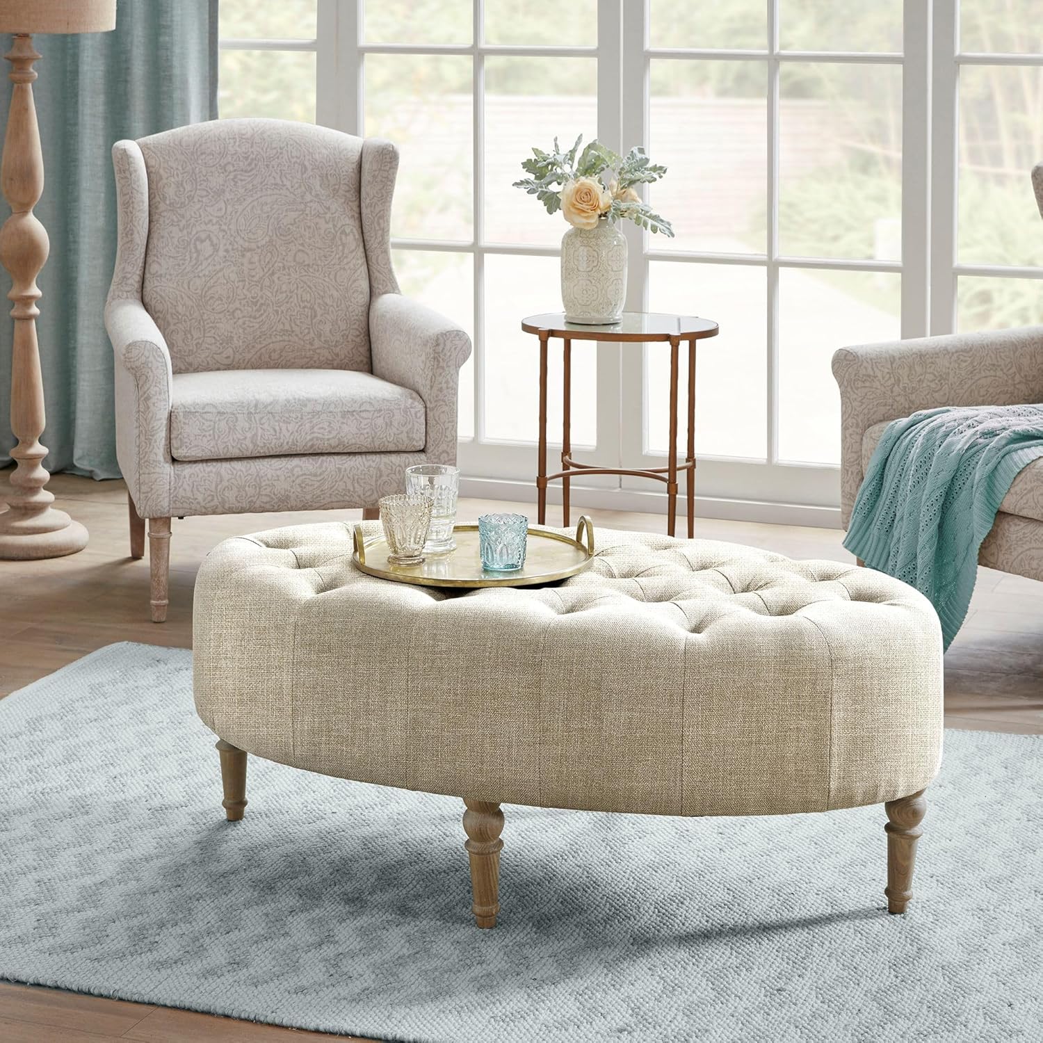 Martha Stewart Clara Coffee Table - Solid Wood Frame, Soft Fabric, Button Tufted, Oval Large Accent Ottoman - Modern Foam Padded Top Footstool Cocktail Living Room Furniture, Linen