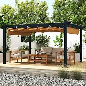 Aoxun 10‘×12’ Outdoor Pergola, Metal Patio Pergola with Brown Shade Cover, Upgraded Canopy with Adjustable Roof for Backyard, Garden