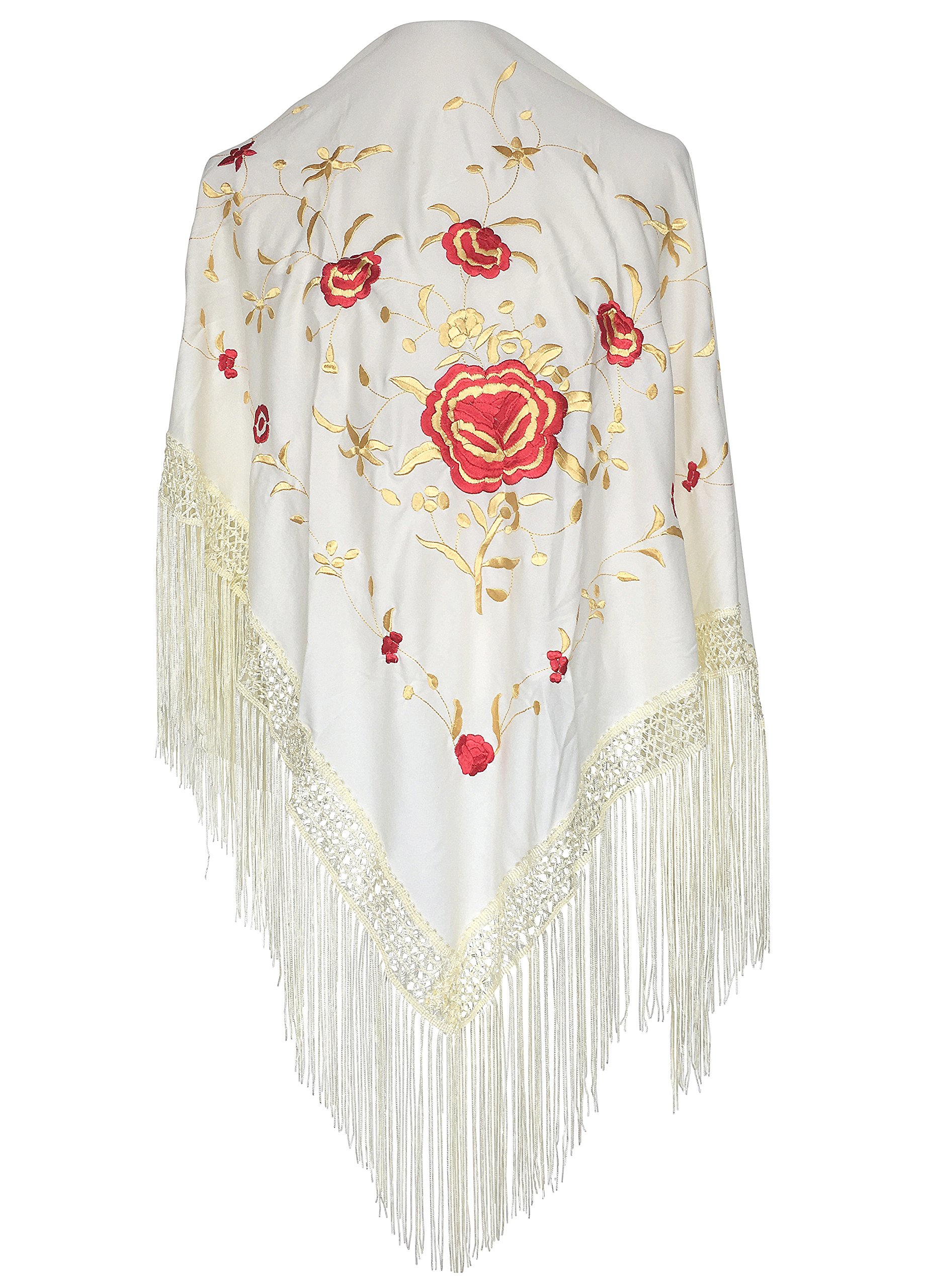 La SenoritaSpanish Flamenco Dance Shawl cream white gold red flower