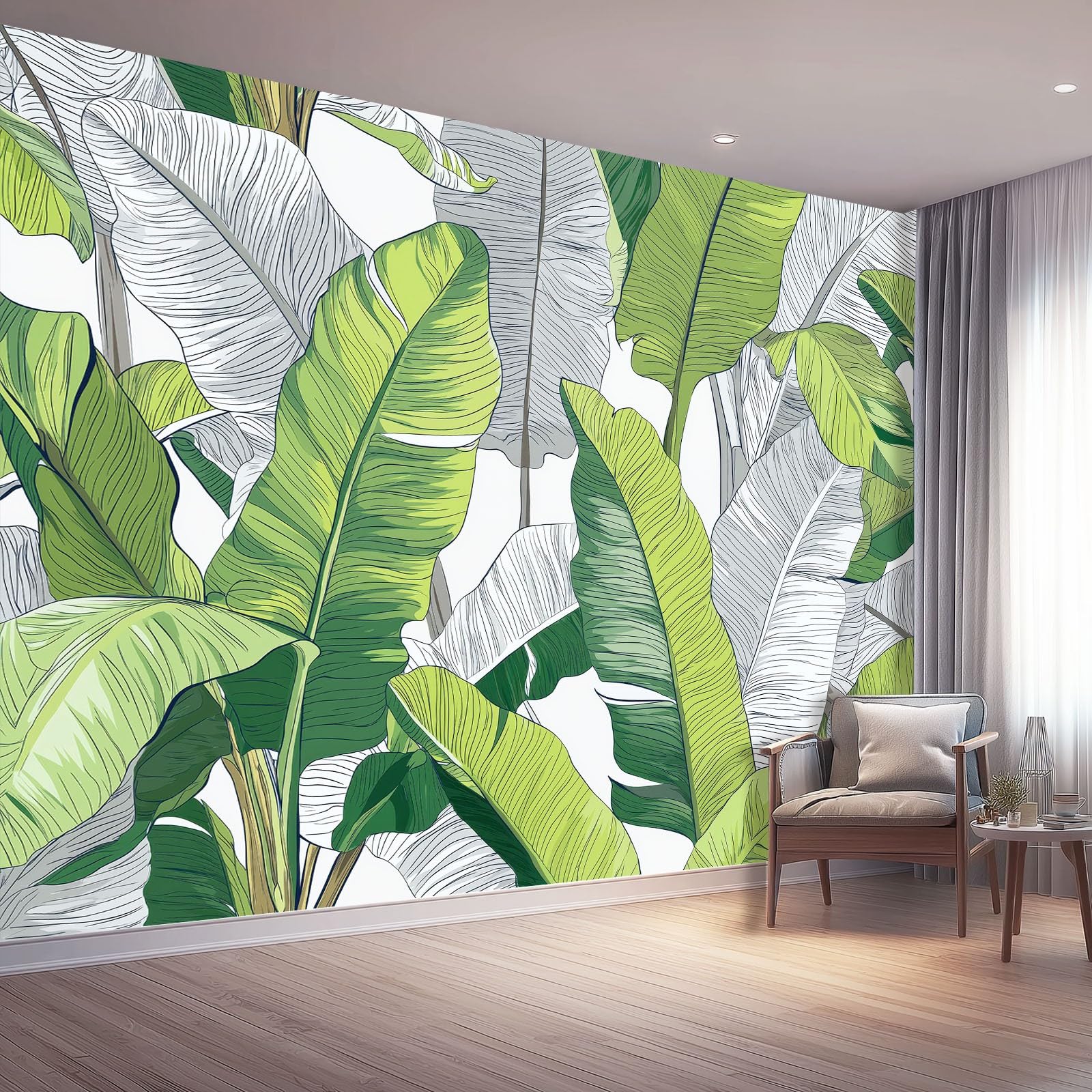 Fototapeta 300 x 210 cm ściany dekoracja salonu tropikalny design do sypialni salonu tapeta z włókniny, ręcznie rysowane zielone liście bananowe liście