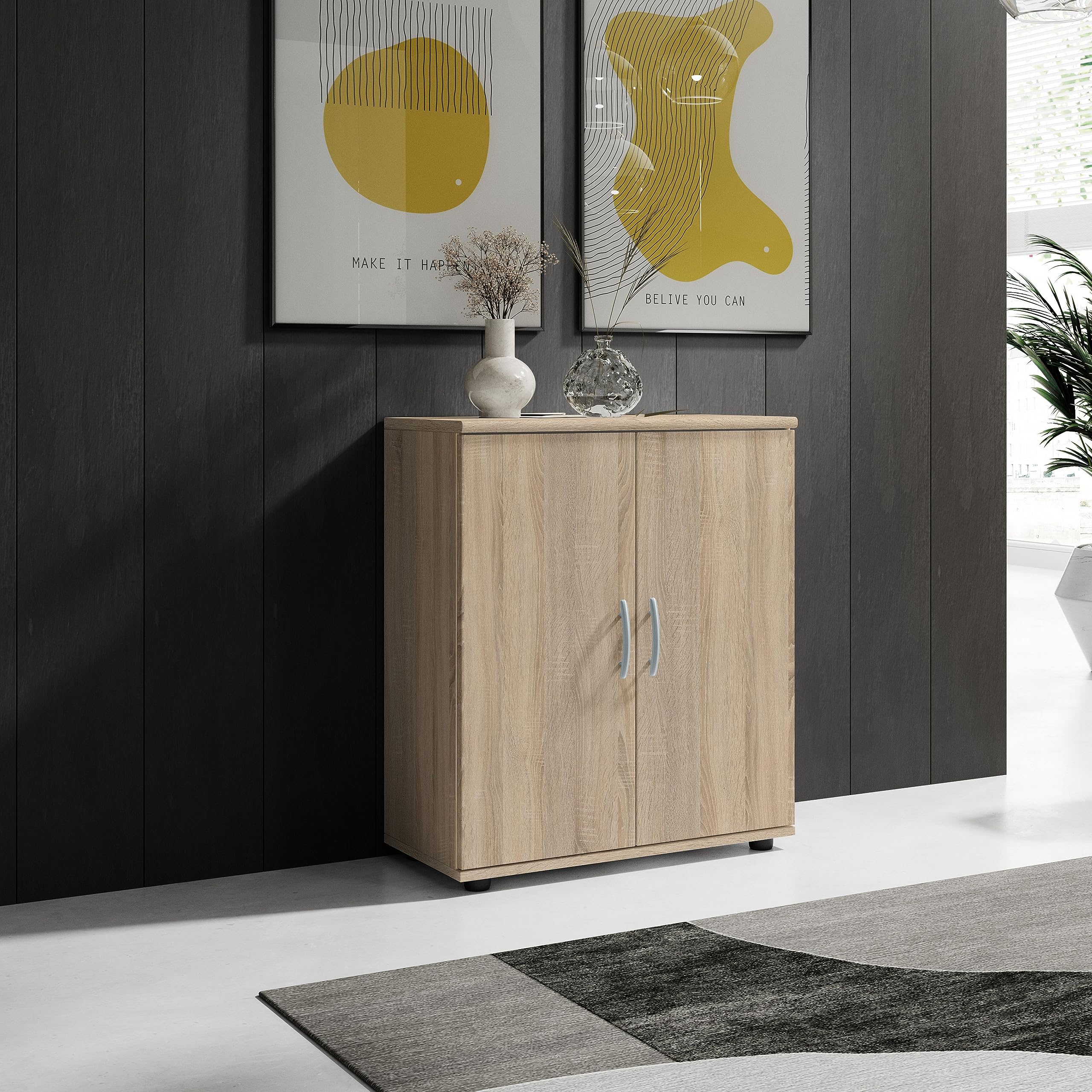 Stella Trading LILLY Commode en aspect chêne Sonoma - Commode moderne avec beaucoup d'espace de rangement pour le salon, la salle à manger et l'entrée - 60 x 70 x 30 cm (L/H/P)