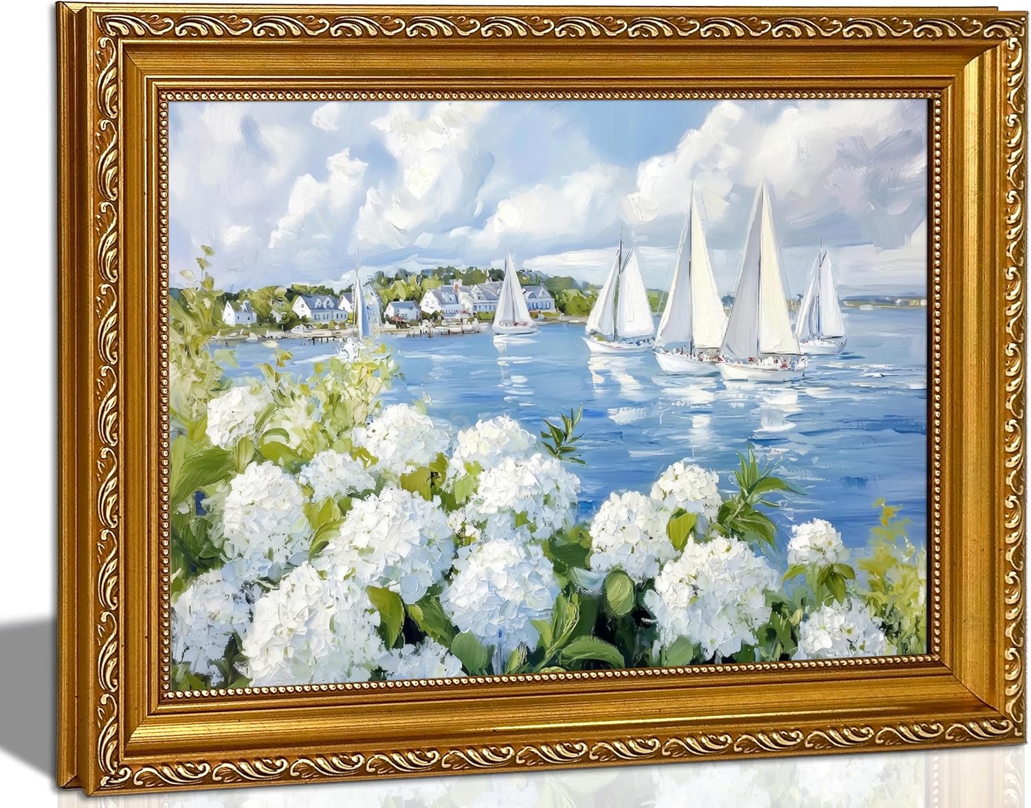 Vintage Gold Frame 3D Texture Coastal Floral Wall Art Summer Ocean Aesthetics Sailing Painting Picture Wall Decor White Hydrangea Poster Print Artwork for Kitchen Bedroom Living Room Home Decoration
