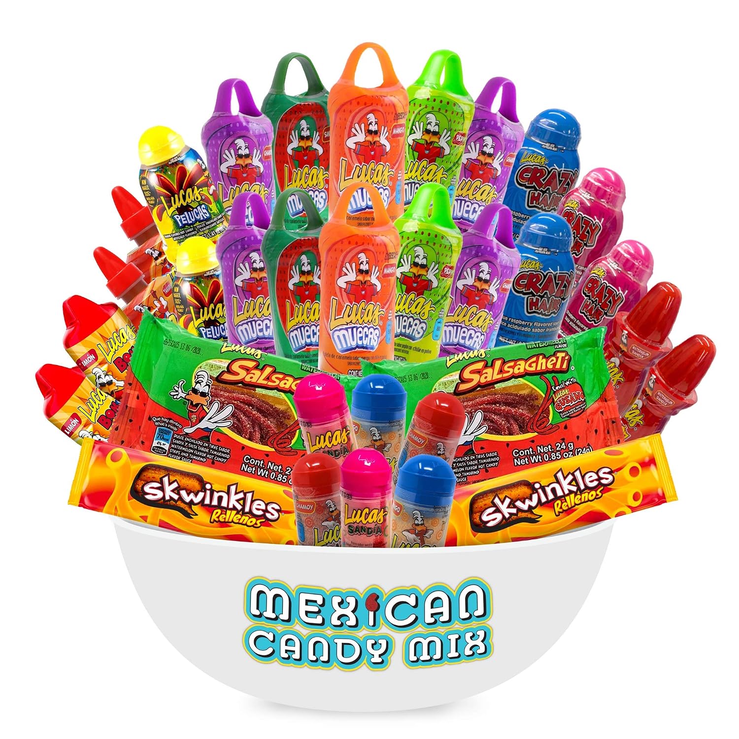 Lucas Mexican Candy Mix (32 Count) of Muecas Mango, Chamoy, Watermelon, Gusano, Baby Powder and Crazy Hair, Makes a Popular Assortment by Ole Rico