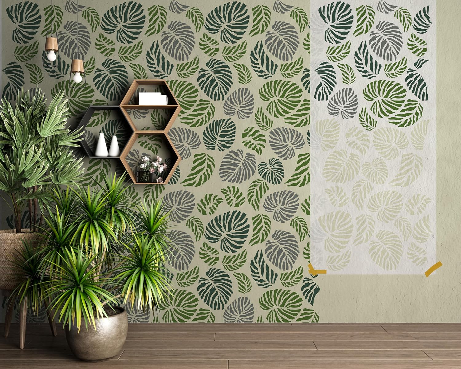 Tropical Leaves Stencil Pattern Wall - DIY Wall Stencil Painting for Hawaiian Style - Monstera Leaf Wall Design Stencils - Plant Wall Art Stencil