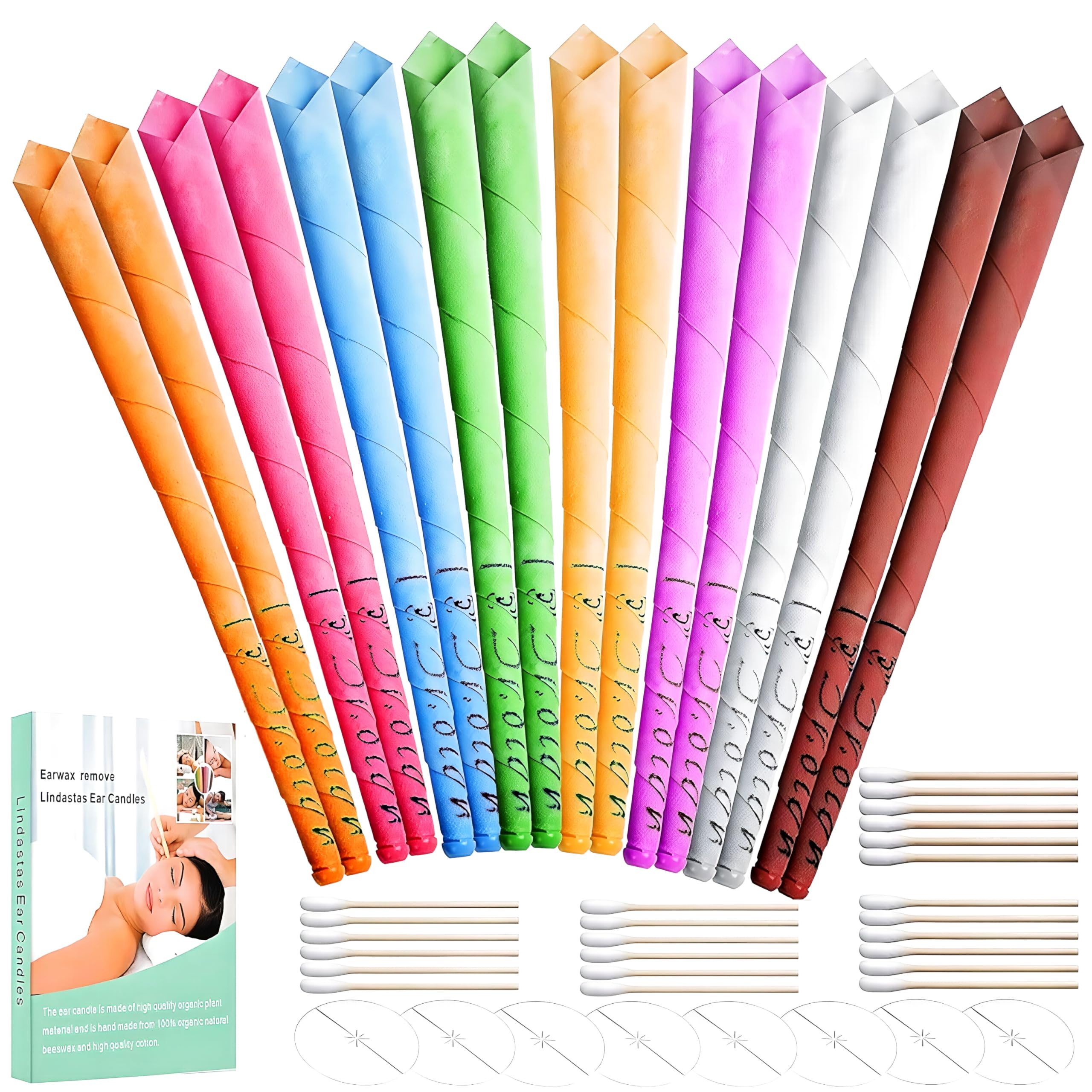 Ear candles,16pcs All Natural Hopi Ear candles Beeswax Candling Cones,Lindastas Ear wax candles,100% Non-Toxic Cylinders Fragrance Hollow Cone Candles with(8 Colours)+8 Protective Disks+30 Cotton Swab