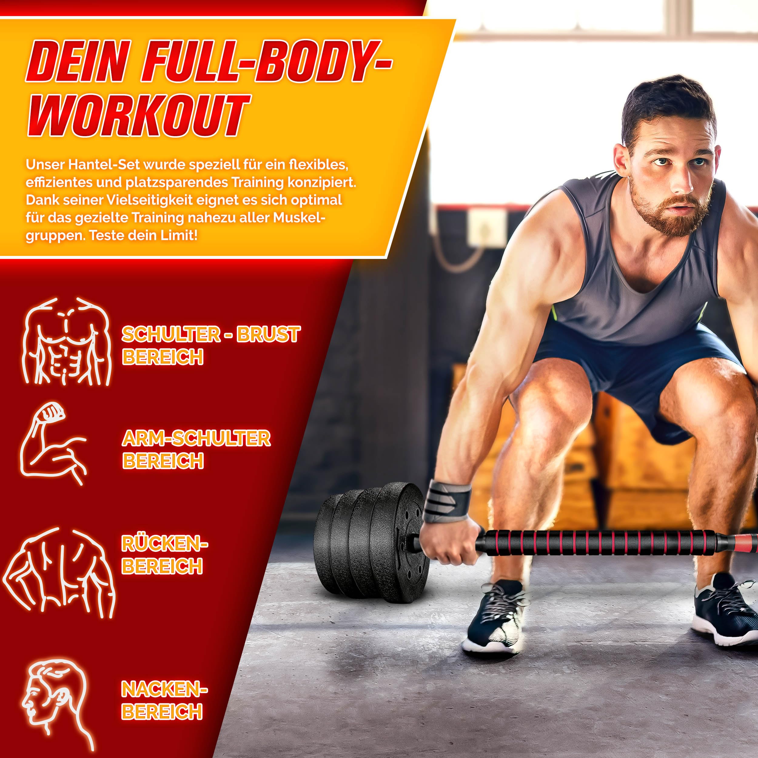 RE:SPORT 2 in 1 Hanteln Set 15-30kg | Hantelset verstellbar | Kurzhantel & Langhantel | Sternverschlüsse & Verbindungsrohr