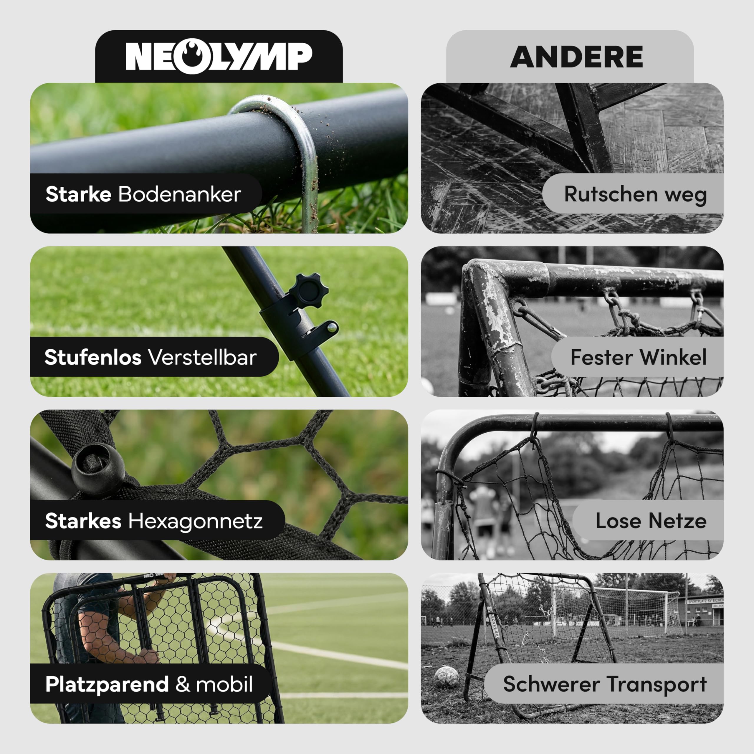 NEOLYMP Rebounder für Fußball – Stufenlos verstellbar für intensives Training, robuster Metallrahmen – Ideal für Kinder, Jugendliche & Vereine – Fußball Trainingszubehör für drinnen und draußen