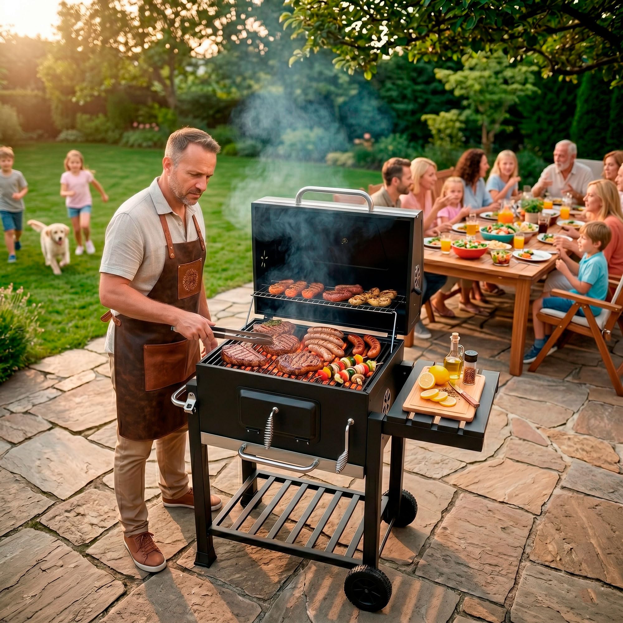 Grill na węgiel drzewny, grill na kółkach, z pokrywką, termometr, ruszt na węgiel drzewny, z półkami, otwieraczem do butelek, kółkami, na kemping SPRINGOS
