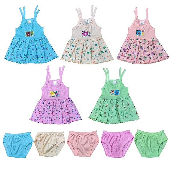 ARUMBU New Born Baby Girls Knee Length Cotton Frock Combo Pack with Bottom (Set of 5) (6-12 Months, Multicolor)