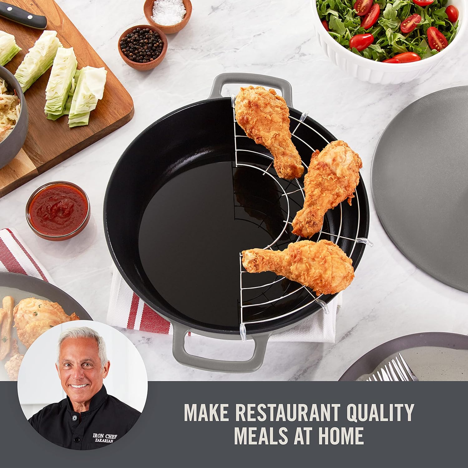 Zakarian x Dash Nonstick Cast Iron Braiser - Oven-Safe Pan with Cast Iron Lid - Features Titanium Ceramic Coating - Easy to Clean - Gray, 4.5-Quart