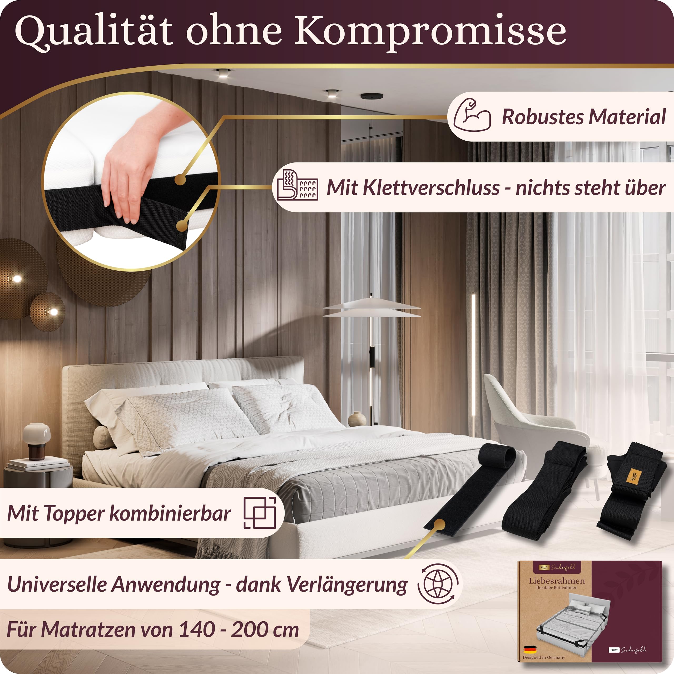 Liebesbrücke: Flexibler Bettrahmen für Matratzen [200cm x 140-200 cm] gegen Besucherritze und verrutschende Matratzen | Matratzenverbinder | Besucherritzenfüller | Matratzenhalter