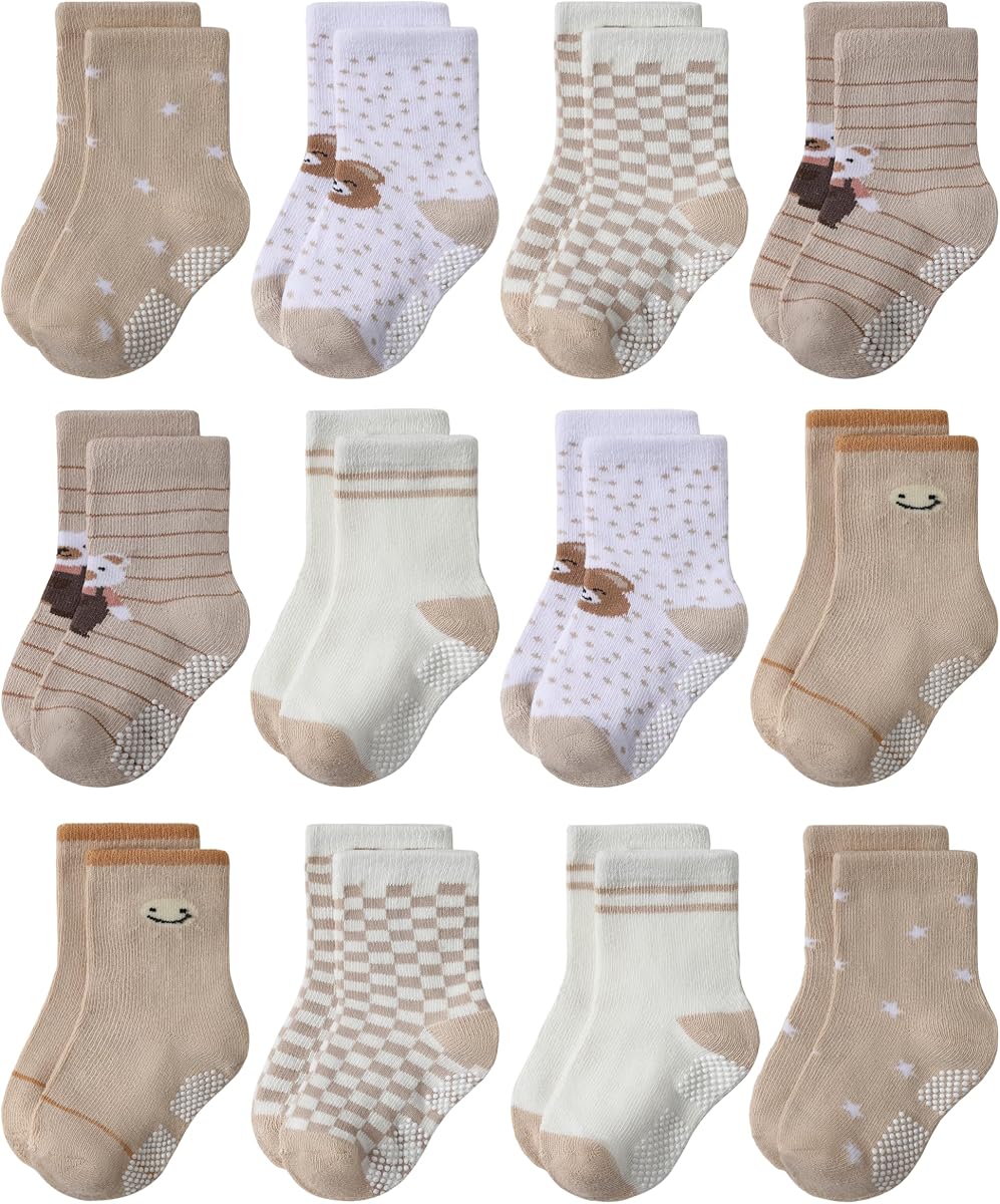 JAKIDAR 12Pairs Baby Non-Slip Cartoon Socks for Toddlers Boys Girls | Cotton Cartoon Prints, Anti-Skid Sole Grips for Safety, Great for Crawling, Walking, Daycare
