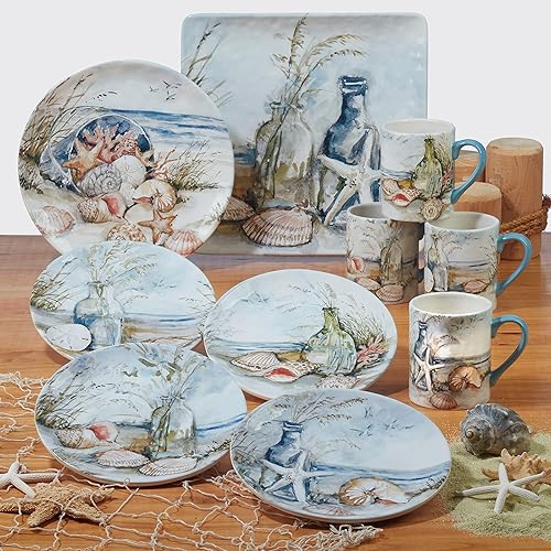 Miniatura 3 de Coastal Landscape - Bandeja de cerámica para peces de 19.5 pulgadas con temática oceánica con conchas marinas, estrellas de mar y escena de playa,