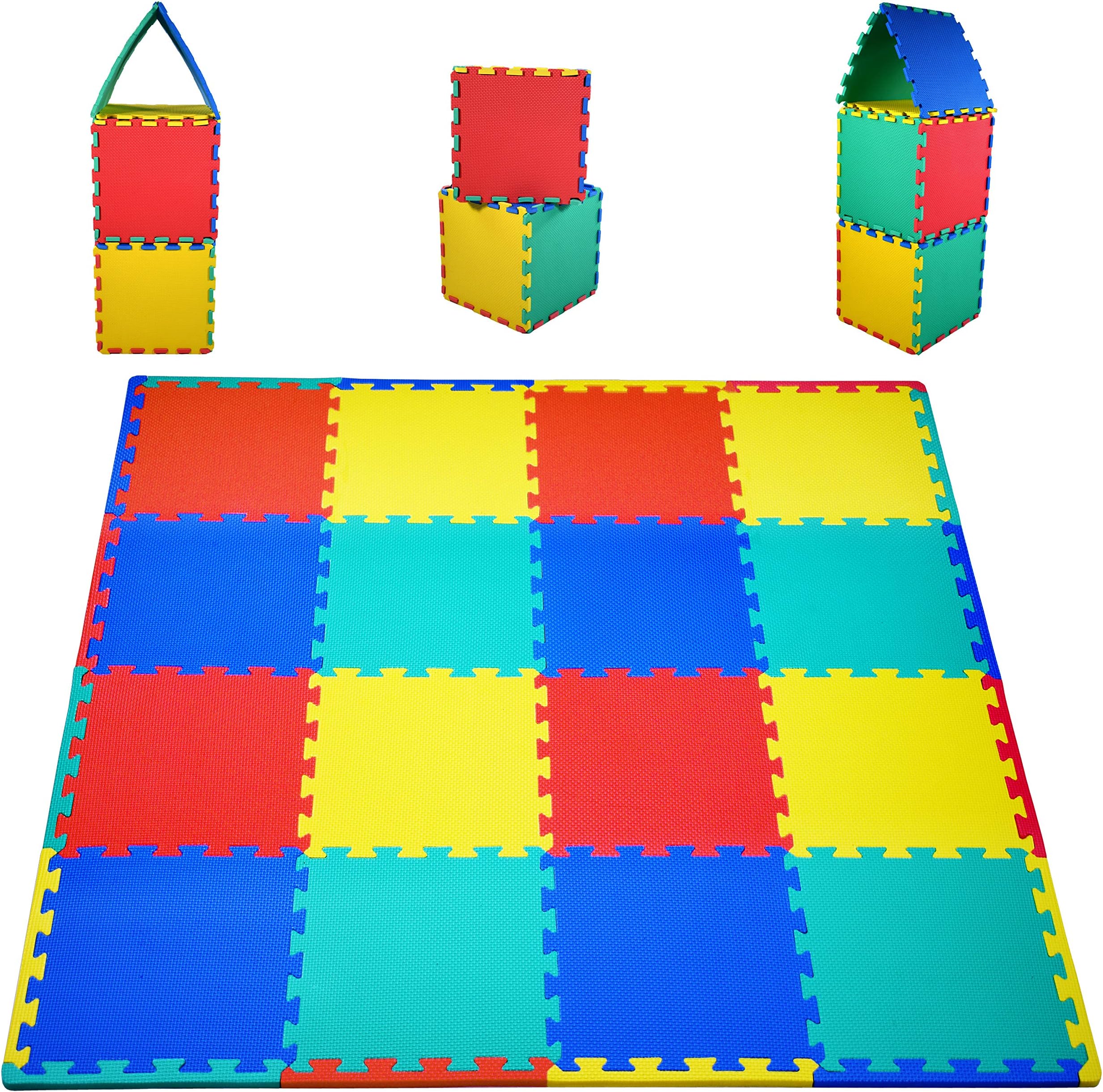 KC Cubs Soft & Safe Non-Toxic Children’s Interlocking Multicolor Exercise Puzzle EVA Play Foam Mat for Kids’ Floor & Nursery Room, 16 Tiles, 4 Colors, 11.5” x 11.5”, 24 Borders (EVA001)