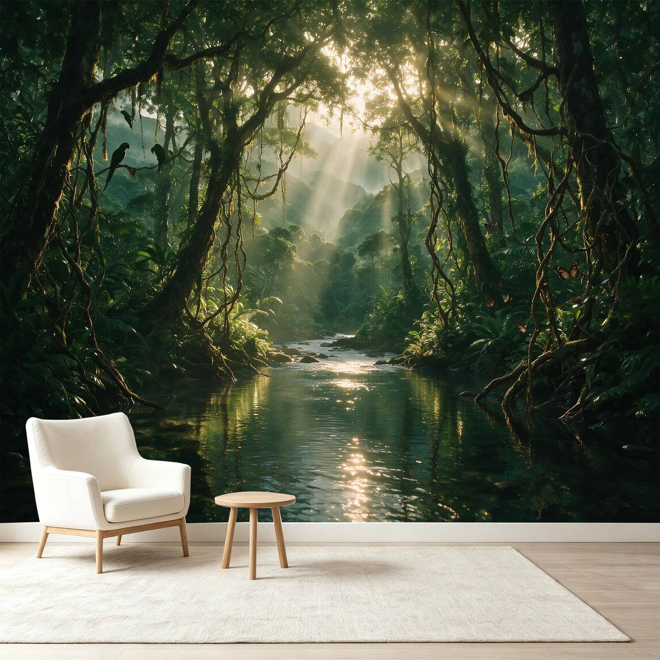 Custom Size Wall Murals Tropical Jungle River Sunbeams Botanical 3D Self-Adhesive Wall Fabric Removable Wallpaper Wall Decor for Living Room Bedroom Bathroom