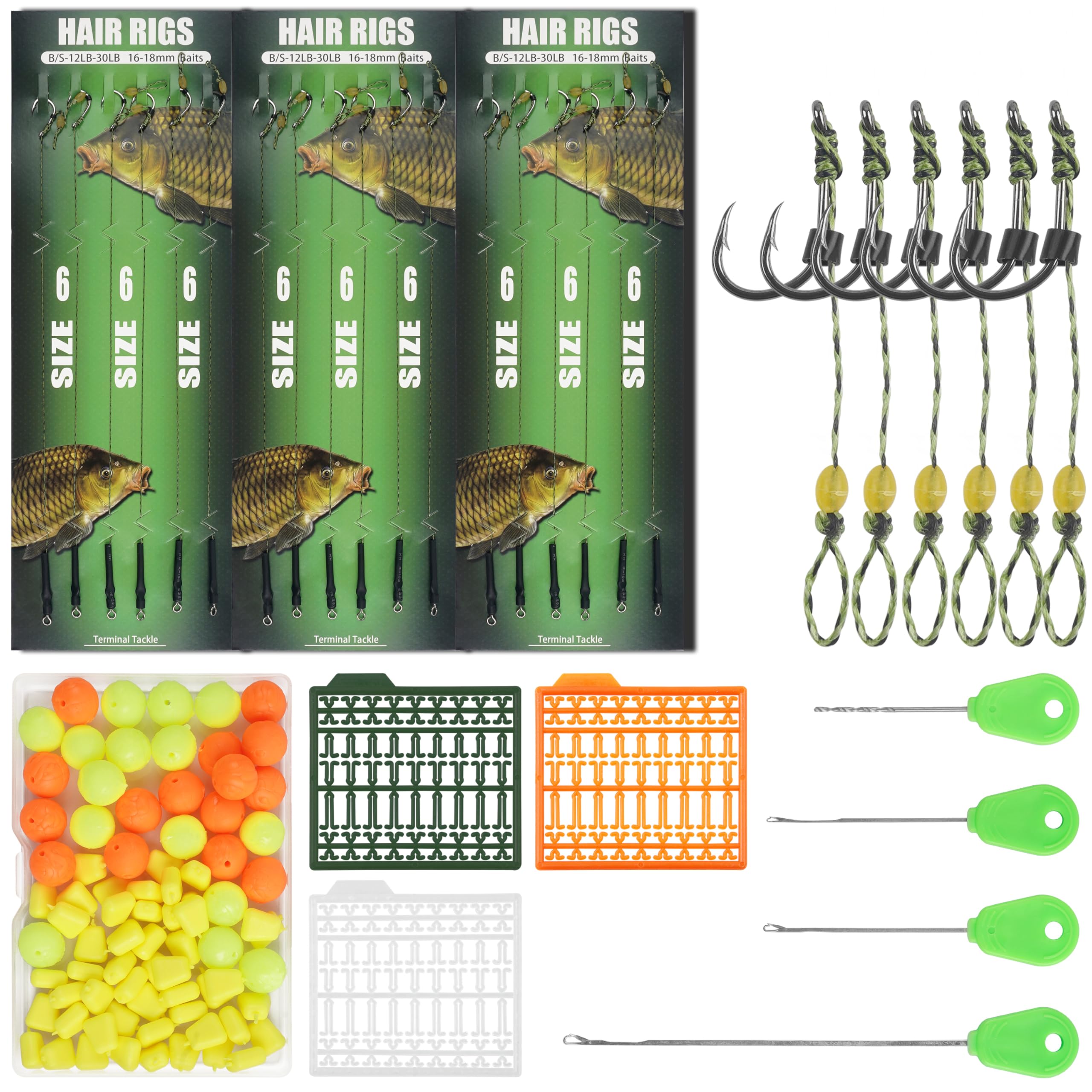 Carp Fishing Hair Rigs Kit, Curved Barbed Hook Swivel Braided Thread Line with Boilie Bait Stopper Stringer Needle Tool Accessories