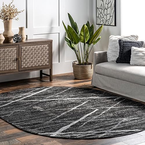 nuLOOM Oval 4x6 Thigpen Contemporary Area Rug, Charcoal, Abstract Lines, Non-Slip Backing, Stain Resistant, For Bedroom, Dining Room, Living Room, Hallway, Office, Kitchen, Entryway