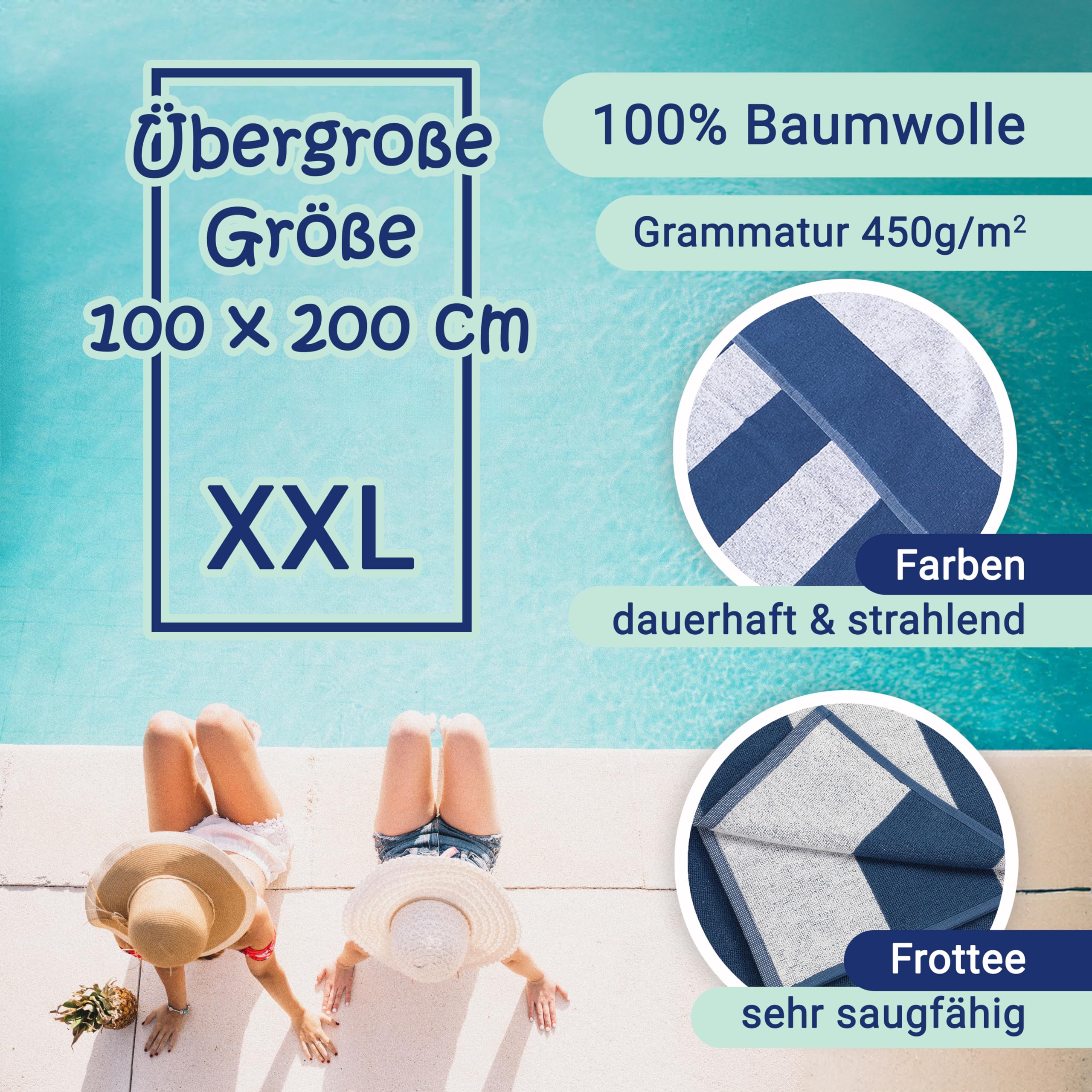 ZOLLNER Strandtuch - strapazierfähiges und saugstarkes Badetuch in 100x200 cm - waschbar bis 60°C - Baumwolle - mit sportlichem Streifenmuster in blau - Oeko Tex® Zertifiziert