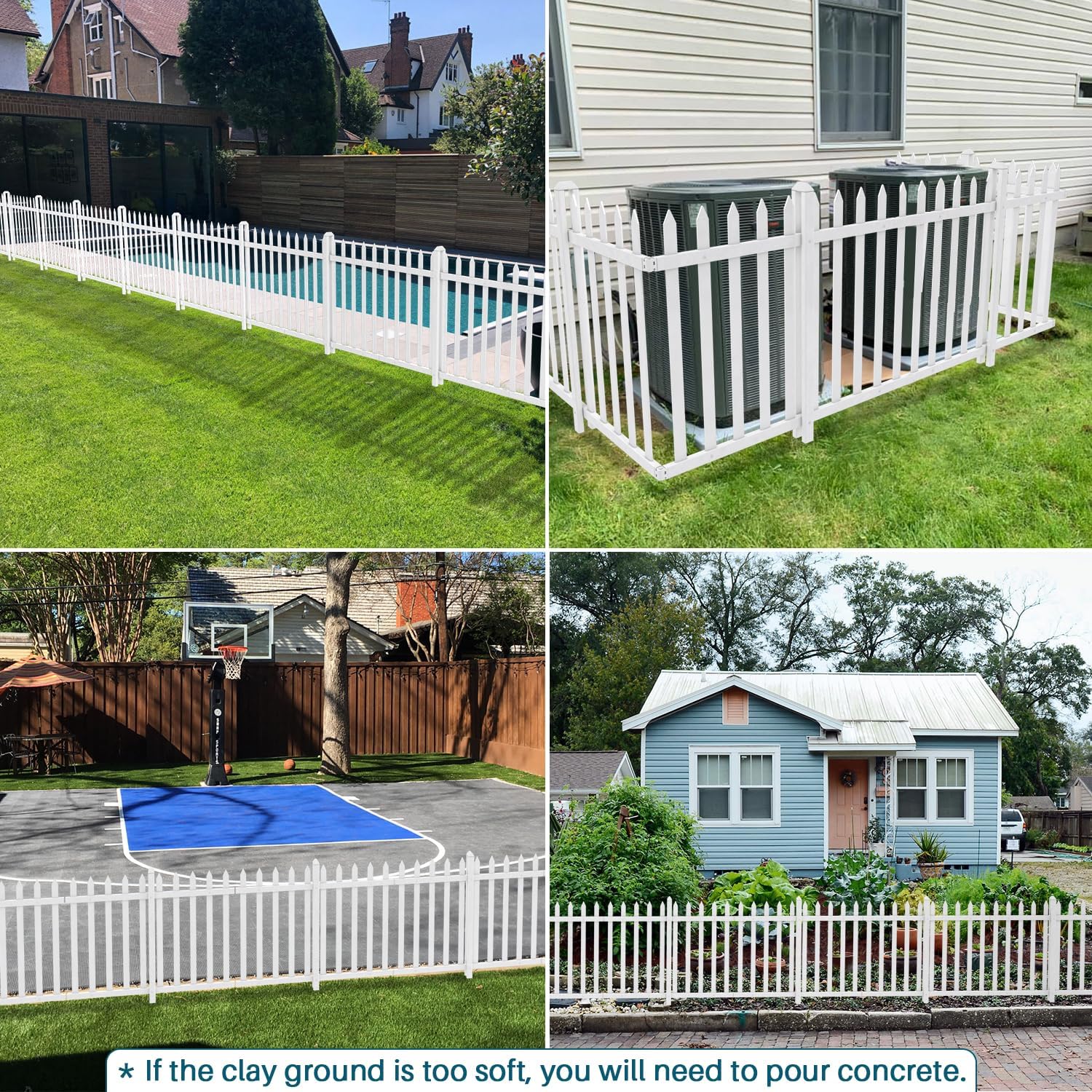 Coarbor 1 Set 84"x30" Vinyl White Picket Fence Panel PVC Garden Decorative Fence for Yard Patio Garden Deck Temporary Pet Barrier Pool(20 Pickets, Straight for Soft Ground)