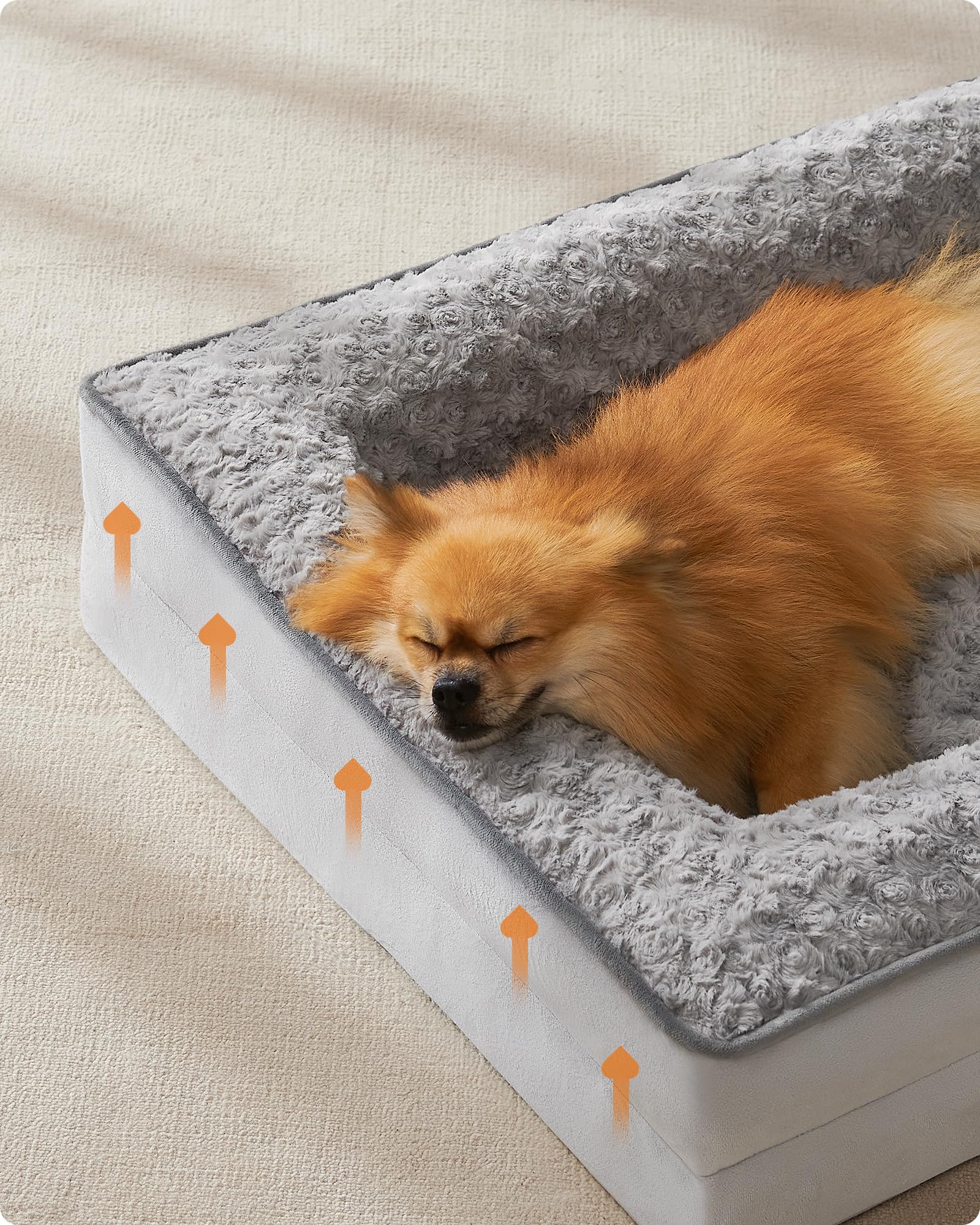 Feandrea Cuccia Cane Interno, Cuccia per Cani, Lettino per Animali, Ortopedico con Gommapiuma Ondulata, Bordi Rialzati, Copertura di Peluche Sfoderabile, 71 x 58 x 16 cm, Grigio Tortora PGW251G01