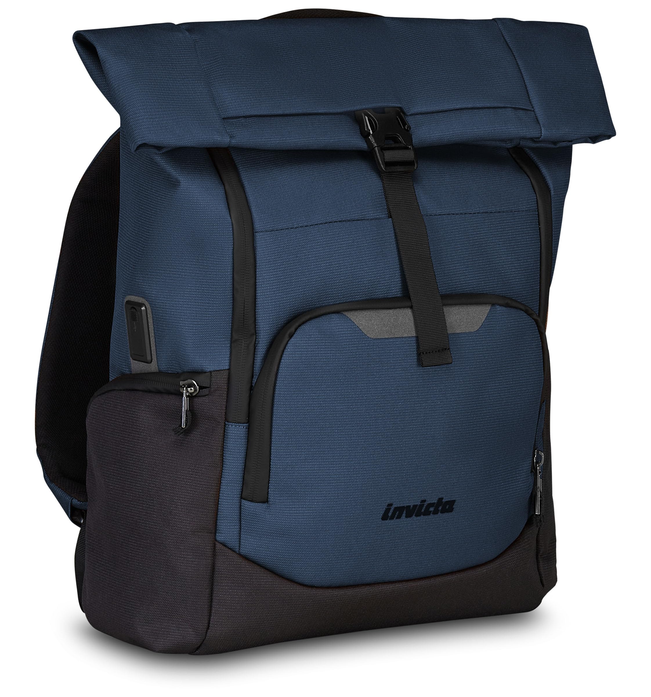 Invicta ZAINO Ufficio ACT FOLD, Zaino monoscomparto roll-top con fondo rinforzato, Blu, Nastro per alloggiamento asta trolley, Tasca Interna Porta PC, Zaino Ufficio e Viaggo