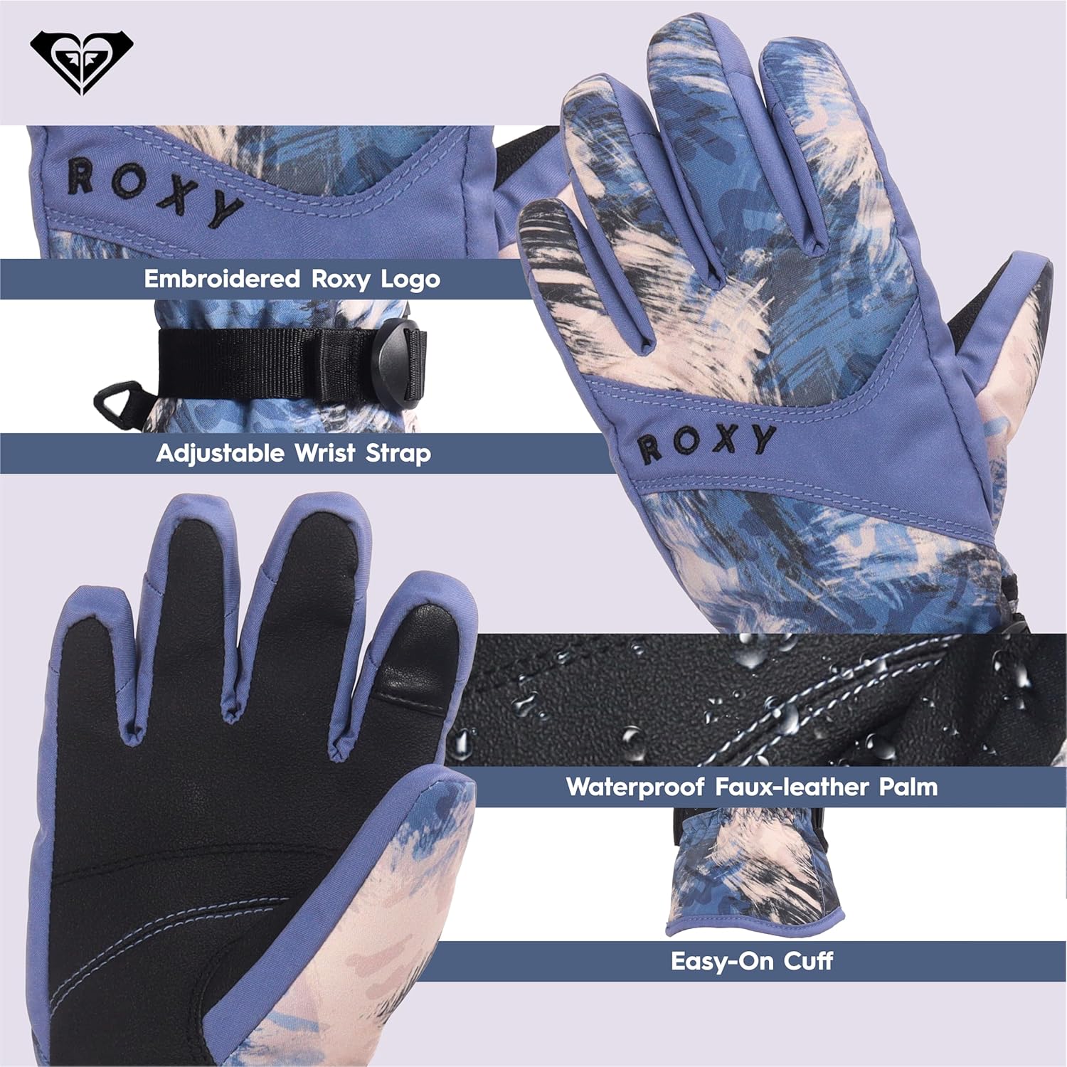 Roxy Women's Jetty Gloves - DryFlight Waterproof, WarmFlight Insulation, Touchscreen, Adjustable Strap, Wild Wind Darknight, X-Large