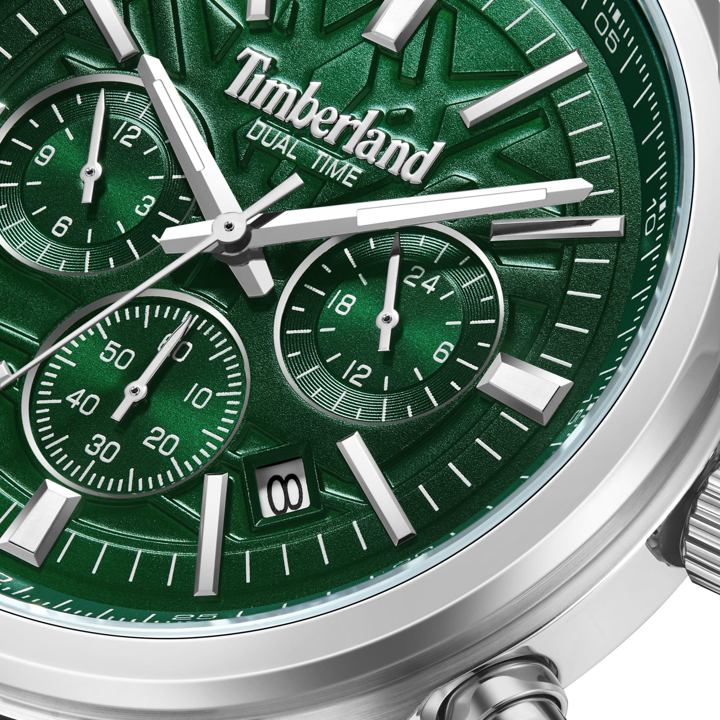 Timberland Northbridge Multifunktions-Herrenuhr - Silbernes Gehäuse, Grünes Zifferblatt, Braunes Lederarmband, 45mm, TDWGF0041206