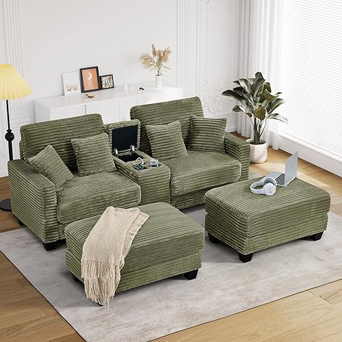 Oversized Chaise Lounge Chair Indoor with Storage & USB, Cup Holder & Ottoman, Firm Solid Wood Frame with Long Service Life Corduroy Oversized Lounge Reading Chair for Large Study Room - Olive Green