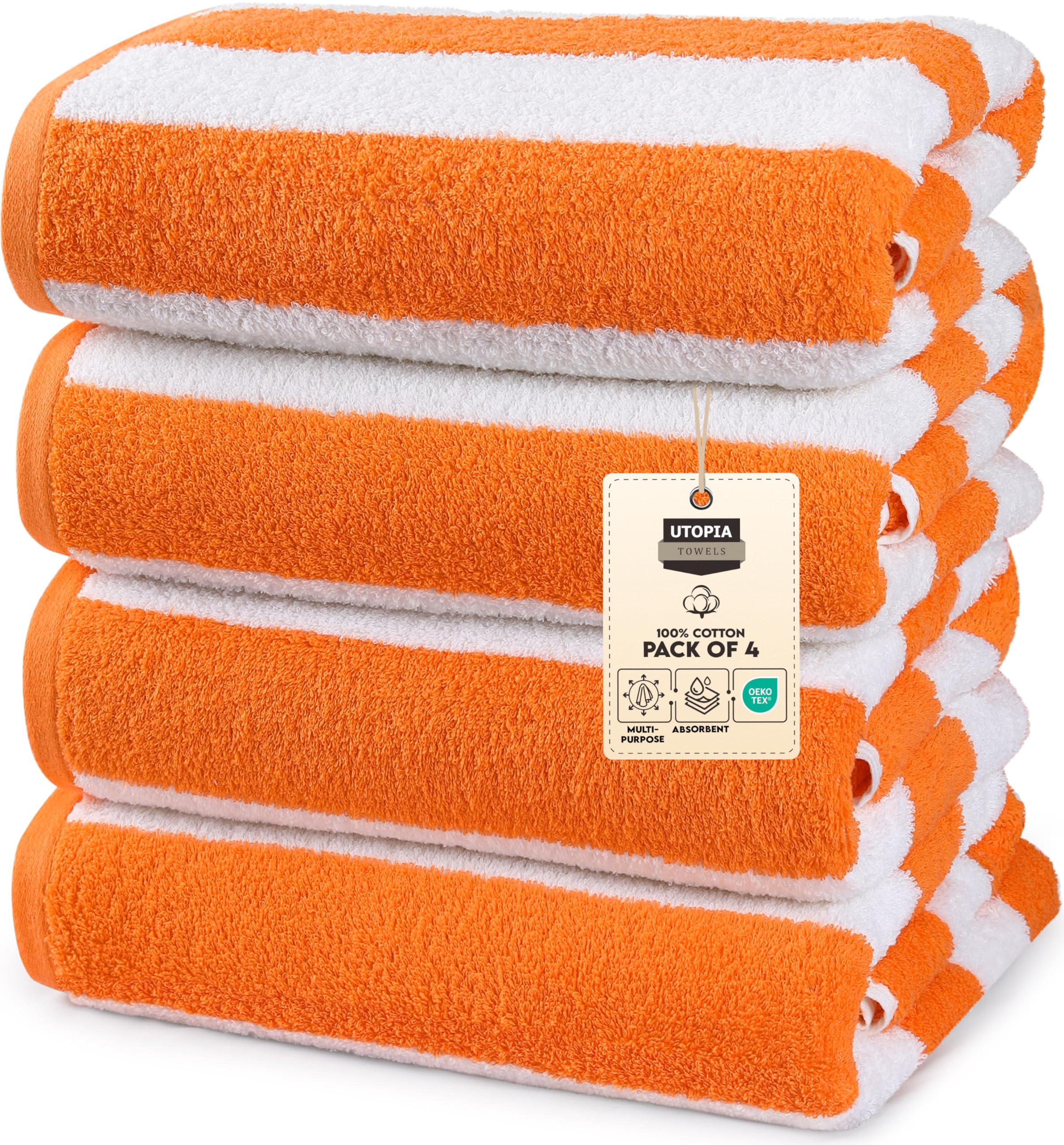 Utopia Towels Cabana Stripe Beach Towels (4 Pack, 30 x 60 Inches) - Large Pool Towels, Orange