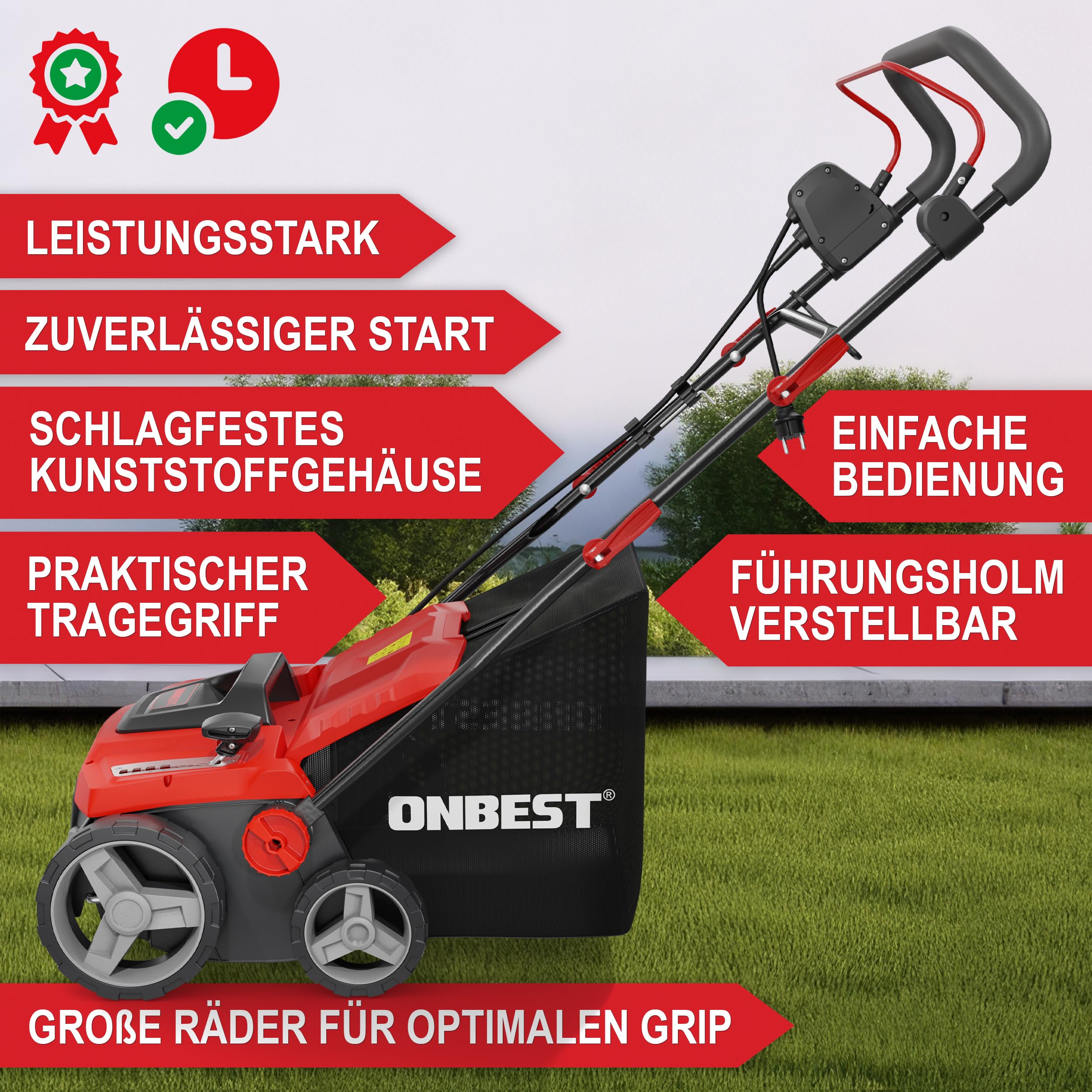 ONBEST 2in1 Elektro Vertikutierer 1800 W – 38 cm mit Fangkorb | Rasenvertikutierer mit Vertikutier- & Lüfterwalze, 45 L Fangkorb – entfernt Moos, Unkraut und Rasenfilz