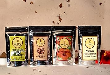 Matru Ayurveda Premium Pack of Amla, Reetha/Soapnut, Shikakai and Hibiscus Powder (100 Grams Each)
