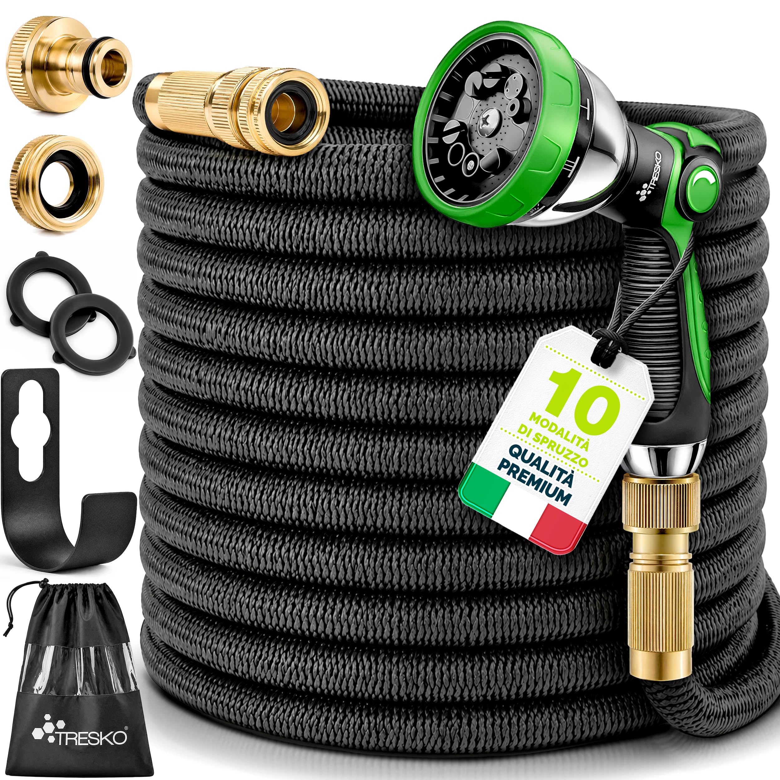 TRESKO Tubo da giardino Espandibile da 22.5M | Materiale in lattice | Ultra Resistente con Pistola da innaffioa 10 funzioni + Raccordo in Ottone