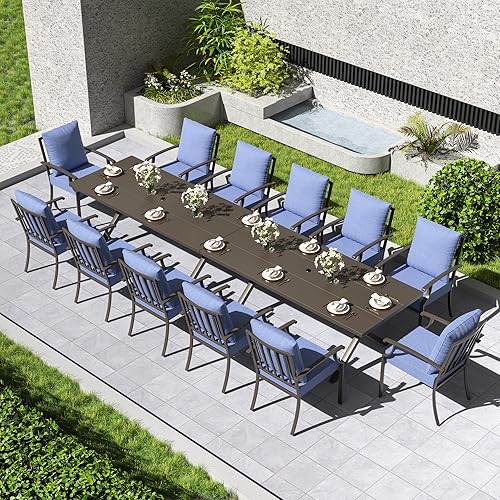 Miniatura 19 de Kullavik Juego de 15 muebles de comedor para exteriores, juego de muebles de ratán para patio, mesa de comedor y sillas con 12 sillas y cojines,