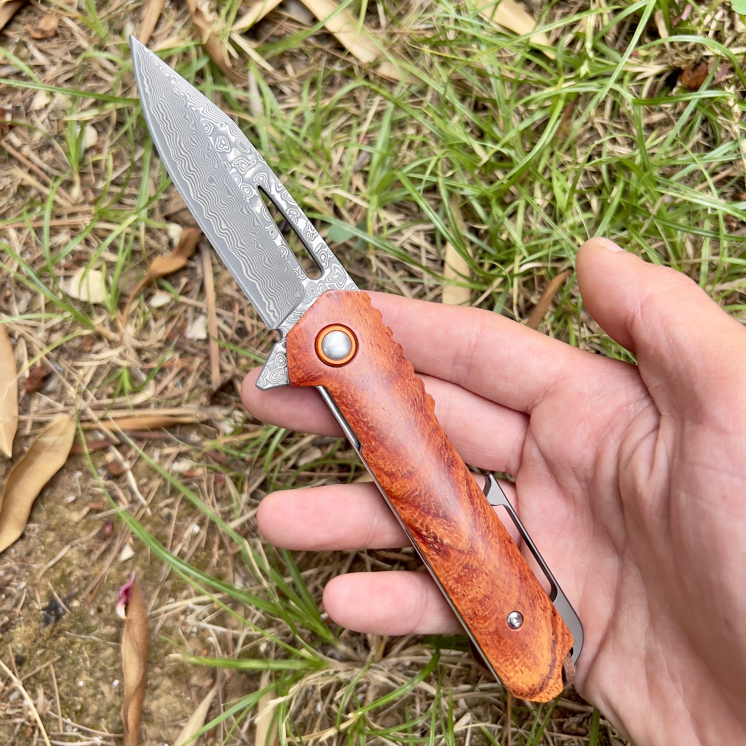 Coltello Pieghevole da Tasca Acciaio Damasco 67 Strati VG10 Lama Affilata e Manico in Legno Collezione Regalo Festa Uomo EDC Camping Tavolo Collezione Caccia Pesca Tradizione Artigianato Line