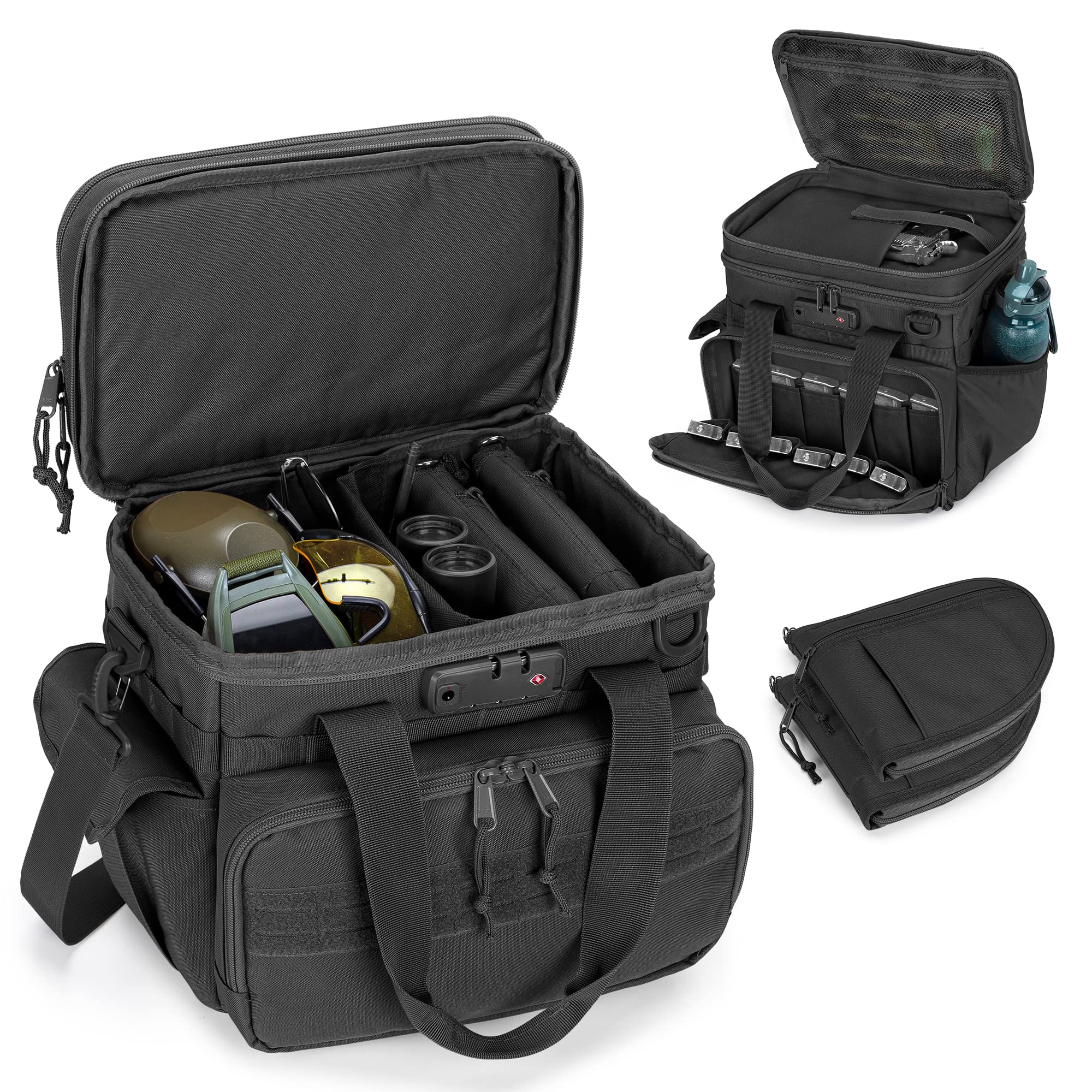 GOBUROS Borsa tattica per tiro con 2 custodie piccole per pistola, borsone per pistola con lucchetto TSA e 12 scomparti per caricatori, multitasche