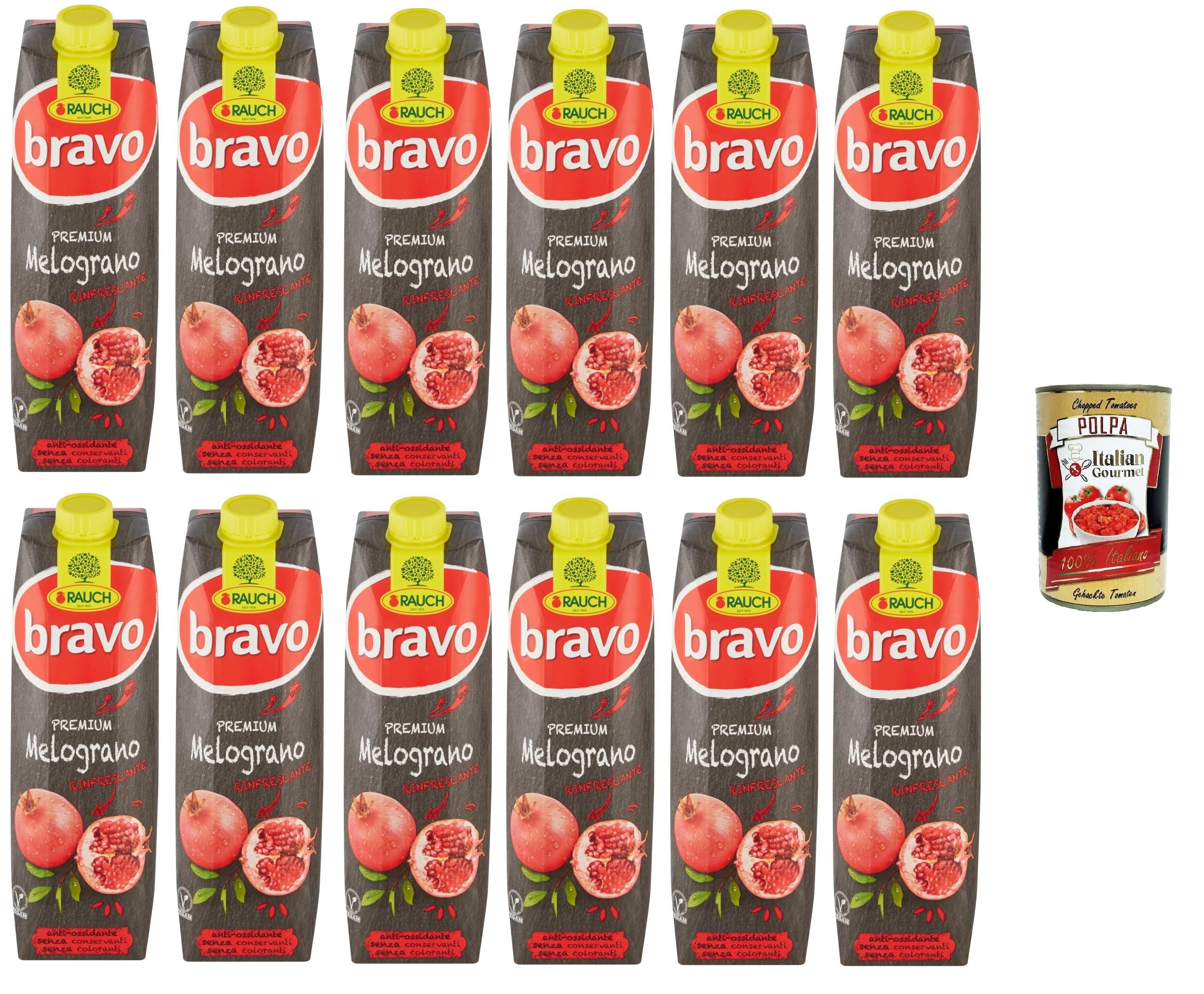 Rauch Bravo Premium Granada refrescante, antioxidante, sin colorantes, sin conservantes, 12 x 1lt+ Italian Gourmet Polpa 400 g