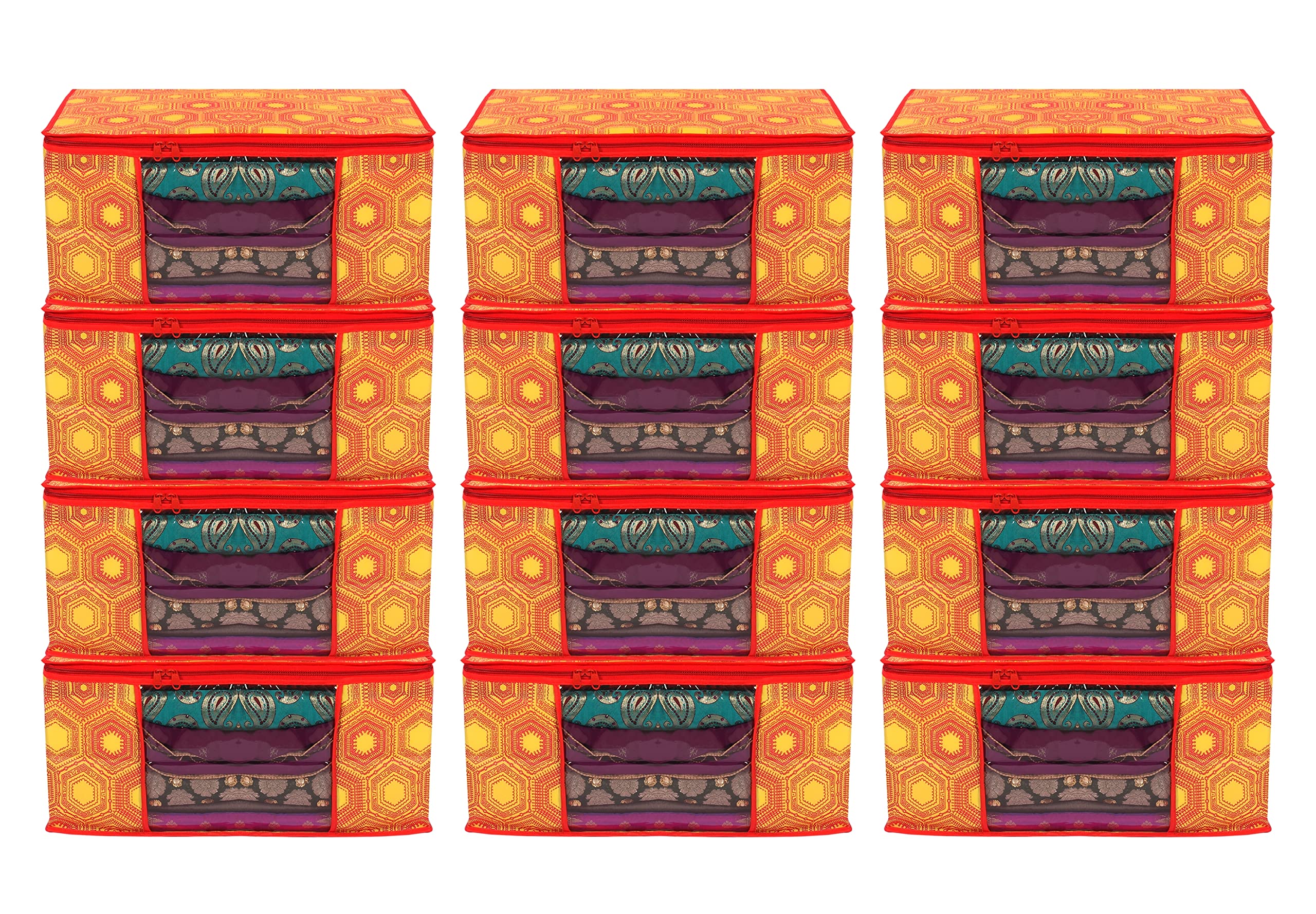 PENADIYA 12 Piece Printed Non Woven Saree Cover Set,Clothes Organiser For Wardrobe Set with Transparent Window And Zipper (PACK OF 12, B-18 Orange)