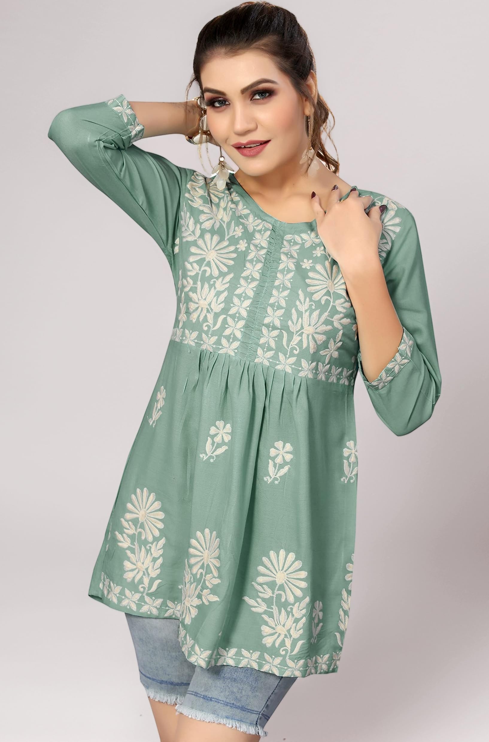 Bee M Pee Designer Short Kurti Tops for Jeans for Women I Chikankari Rayon Cotton Long Kurta Kurti for Women I Stylish wear Kurti top for Girls