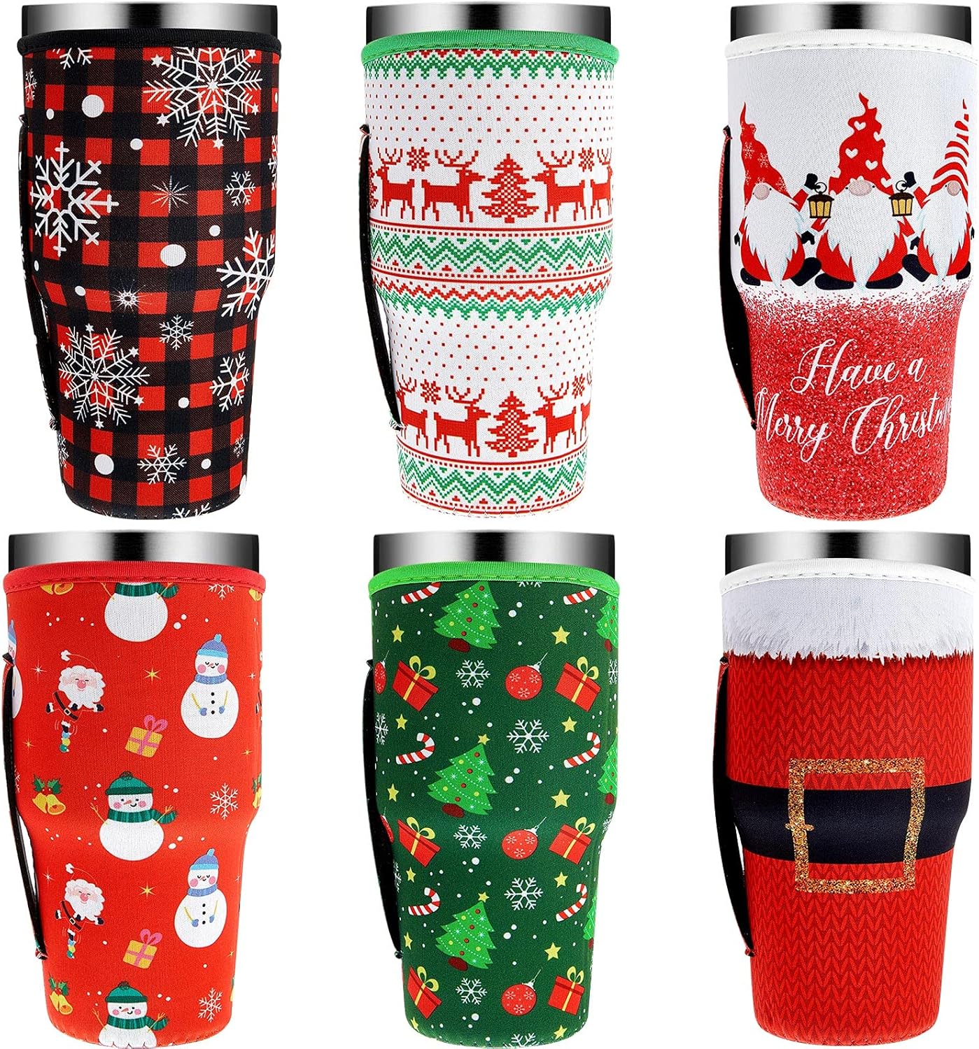 Zopeal 6 Pieces Christmas Cup Sleeves 30 oz Reusable Christmas Iced Coffee Sleeve Snowman Snowflakes Santa Neoprene Mug Tumbler for Holiday Gift