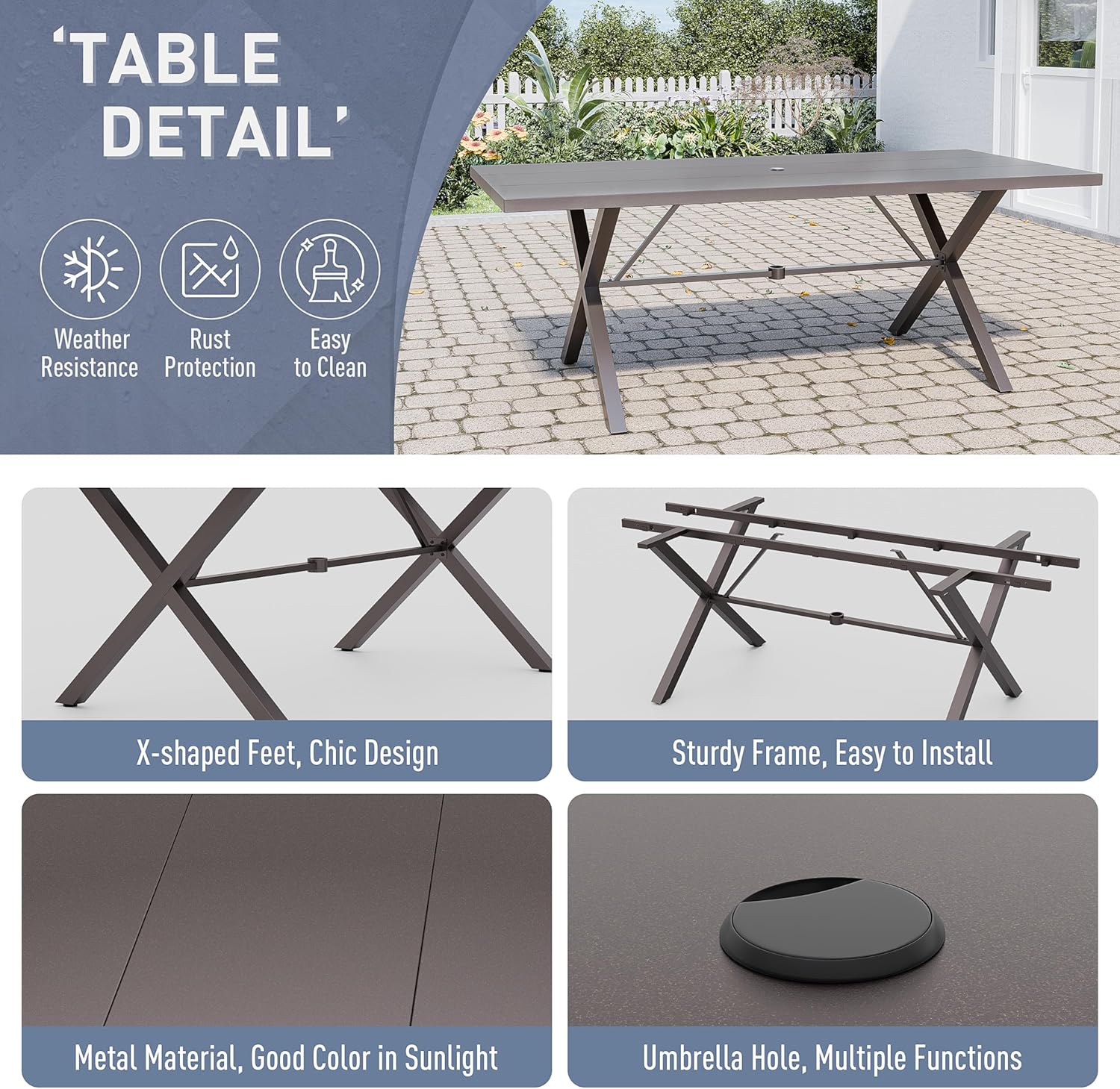 Kurapika 9 Pieces Patio Dining Set Outdoor Furniture with 8 Swivel Chairs, Metal Patio Furniture Set 8 Chairs and Large Table with Umbrella Cutout for Yard Porch Deck, Sand