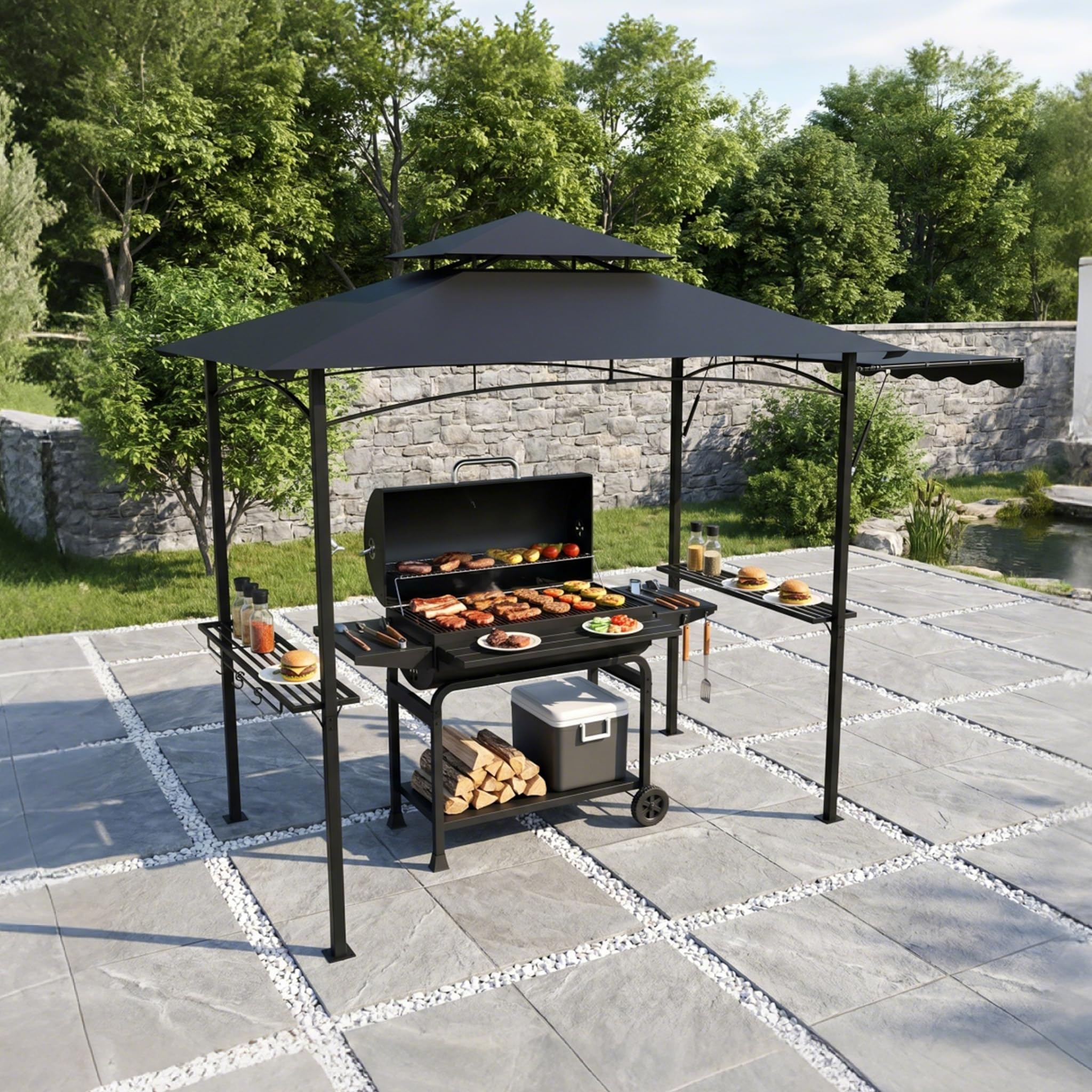 Tonnelle pour barbecue noire avec double toit et store latéral escamotable, 245x141 cm - Tonnelle pour barbecue avec cadre en métal et étagères pratiques, abris de jardin résistants aux
