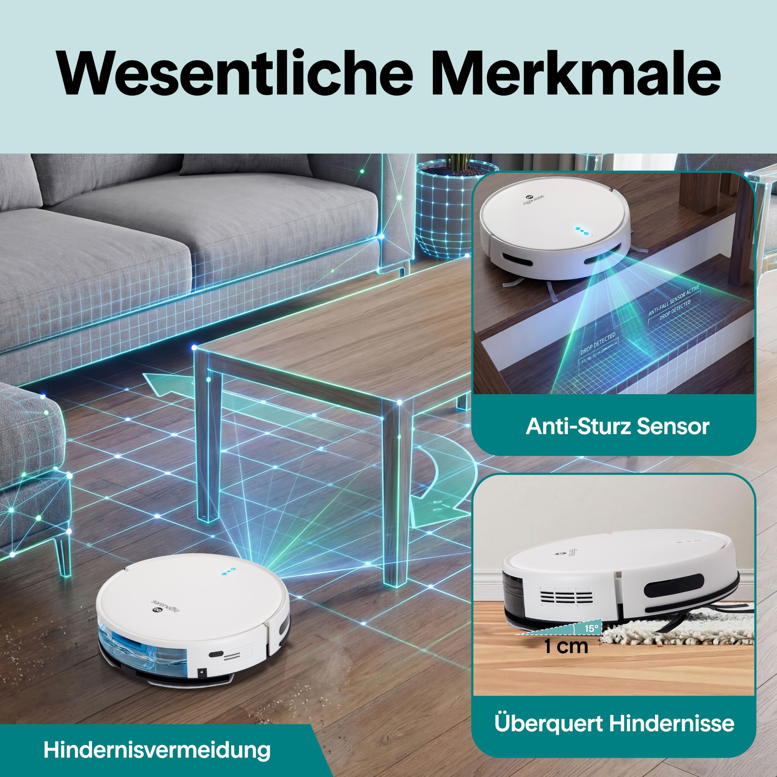 SereneLife Saugroboter mit Wischfunktion, 2 in 1 Staubsauger Roboter, 3000pa Saugkraft, WLAN, Schlank & Geräuscharm mit Absturzsensoren, Selbstaufladend für Tierhaare, Weiche/Harte Böden, 140Mins Max