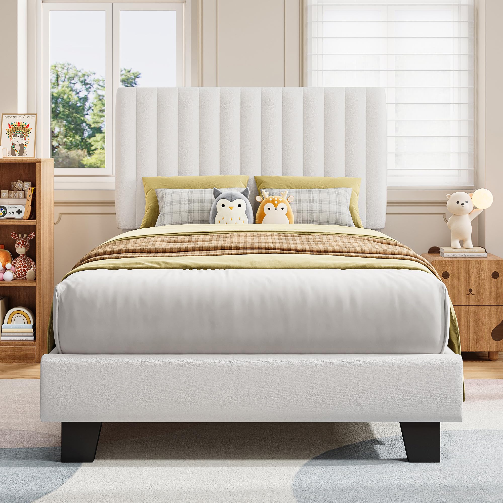 iPormis Twin Size Bed Frame, Upholstered Platform Bed with Velvet Headboard, Wide Bed Legs and Strong Wood Slats Support, No Box Spring Needed, Easy